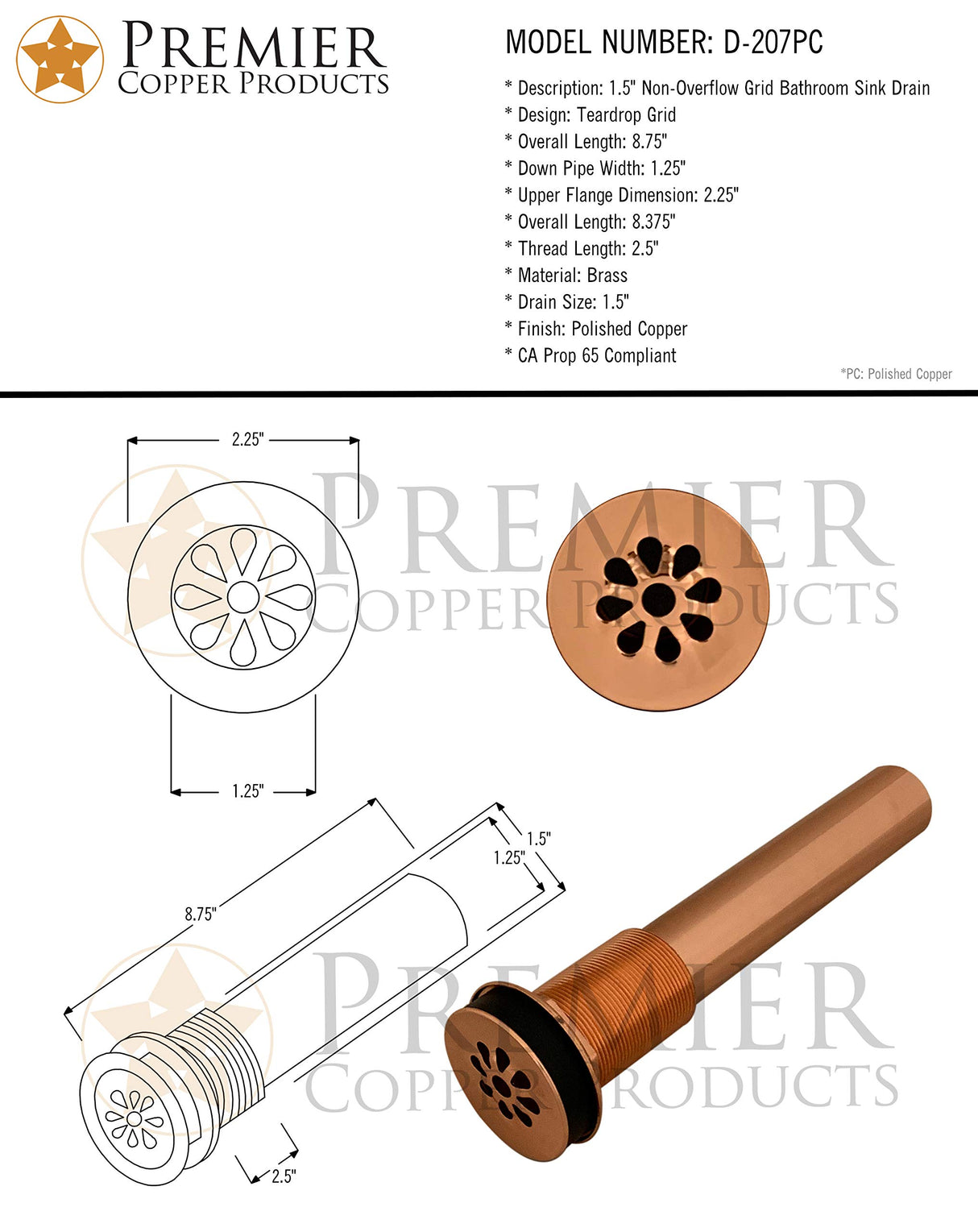 Premier Copper Products D-207PC 1.5-Inch Non-Overflow Grid Bathroom Sink Drain, Polished Coppe