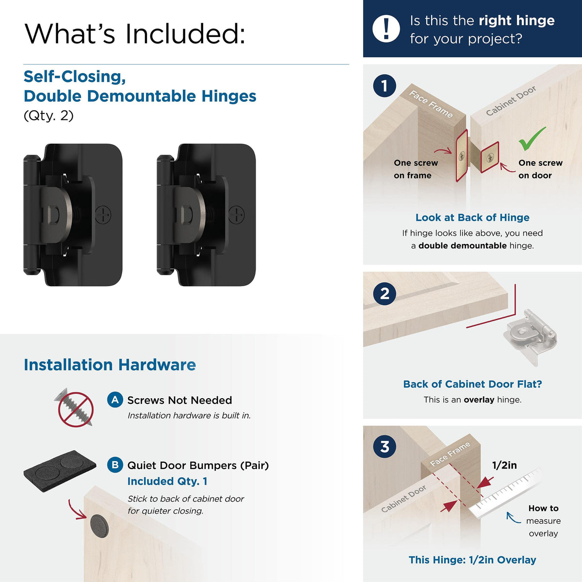 Amerock BPR8704FB Cabinet Hinge 1/2 in (13 mm) Overlay Double Demountable Matte Black Kitchen Cabinet Door Hinge 1 Pair/2 Pack Functional Hardware