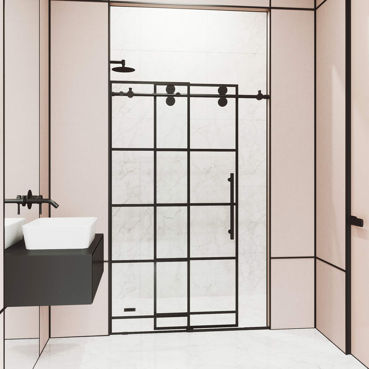 VIGO Adjustable 60-64" W x 74" H Elan Frameless Sliding Shower Door with Clear Tempered Glass, Reversible Handle in Matte Black