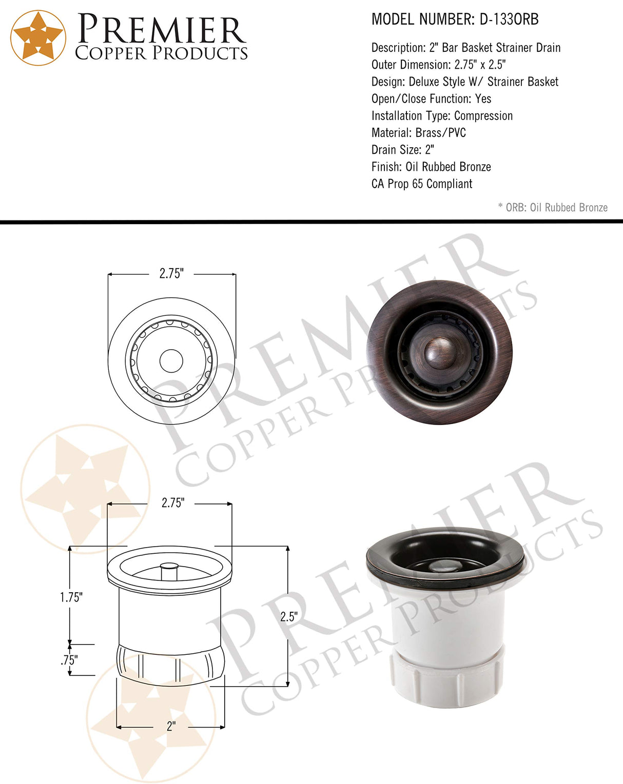 Premier Copper Products D-133ORB 2-Inch Bar Basket Strainer Drain, Oil Rubbed Bronze