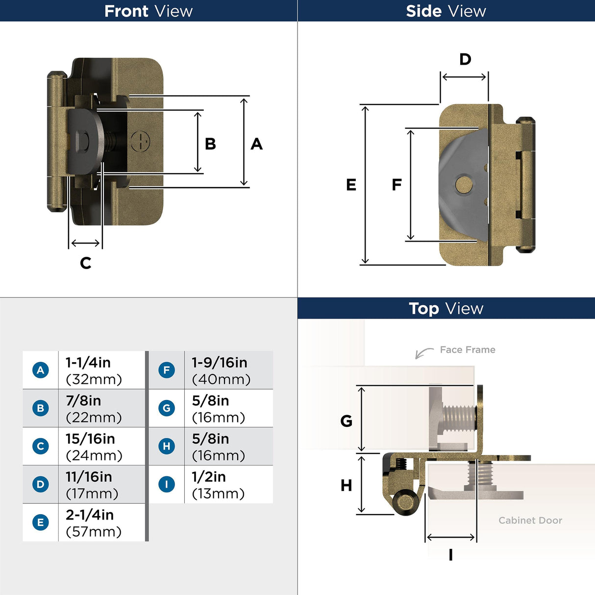 Amerock Double Demountable Cabinet Hinge 1/2 inch (13 mm) Overlay Hinge Burnished Brass 2 Pack Self-Closing Hinge Cabinet Door Hinge