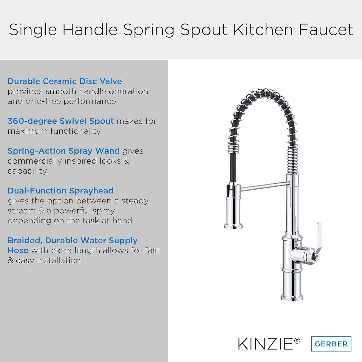 Gerber D455237 Chrome Kinzie Pre-rinse Single Handle Spring Spout Kitchen Faucet