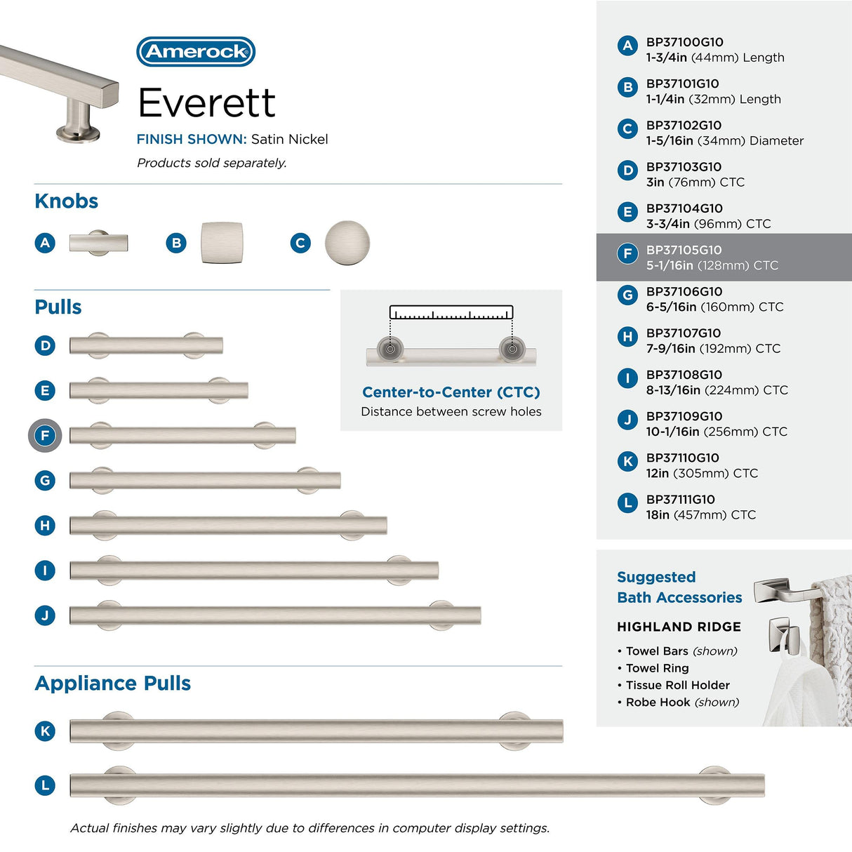 Amerock Corp BP37105G10 Everett Pull, 5-1/16 in (128 mm) Center-to-Center, Satin Nickel