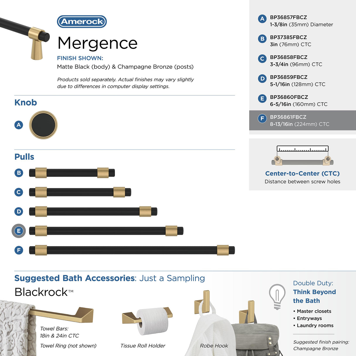 Amerock Cabinet Pull Matte Black/Champagne Bronze 8-13/16 inch (224 mm) Center-to-Center Mergence 1 Pack Drawer Pull Cabinet Handle Cabinet Hardware