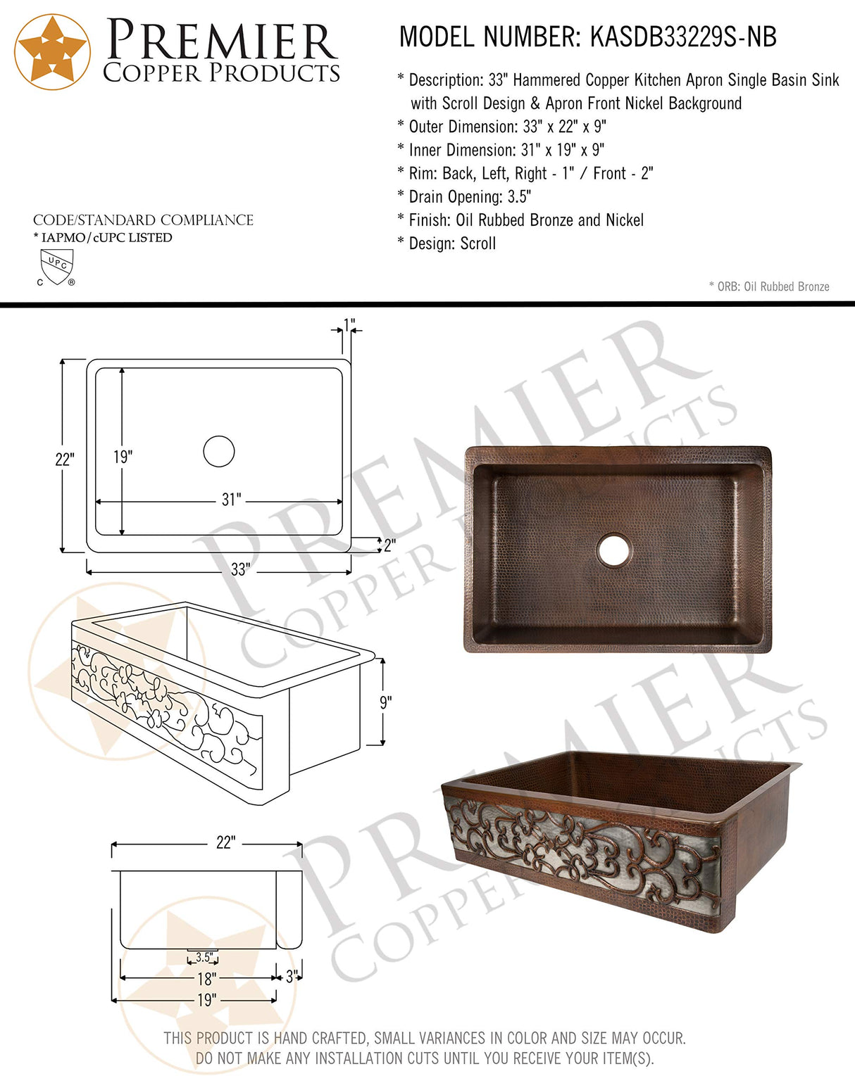 Premier Copper Products 33-Inch Hammered Copper Apron Front Single Basin Kitchen Sink w/ Scroll Design and Nickel Background