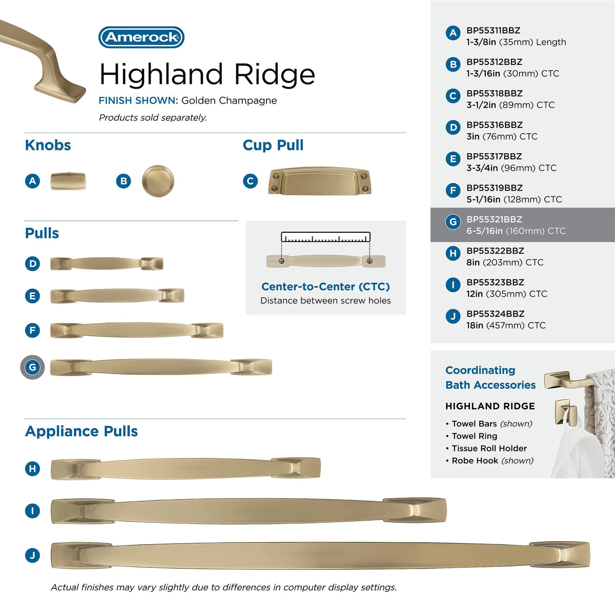 Amerock Cabinet Pull Golden Champagne 6-5/16 inch (160 mm) Center to Center Highland Ridge 1 Pack Drawer Pull Drawer Handle Cabinet Hardware
