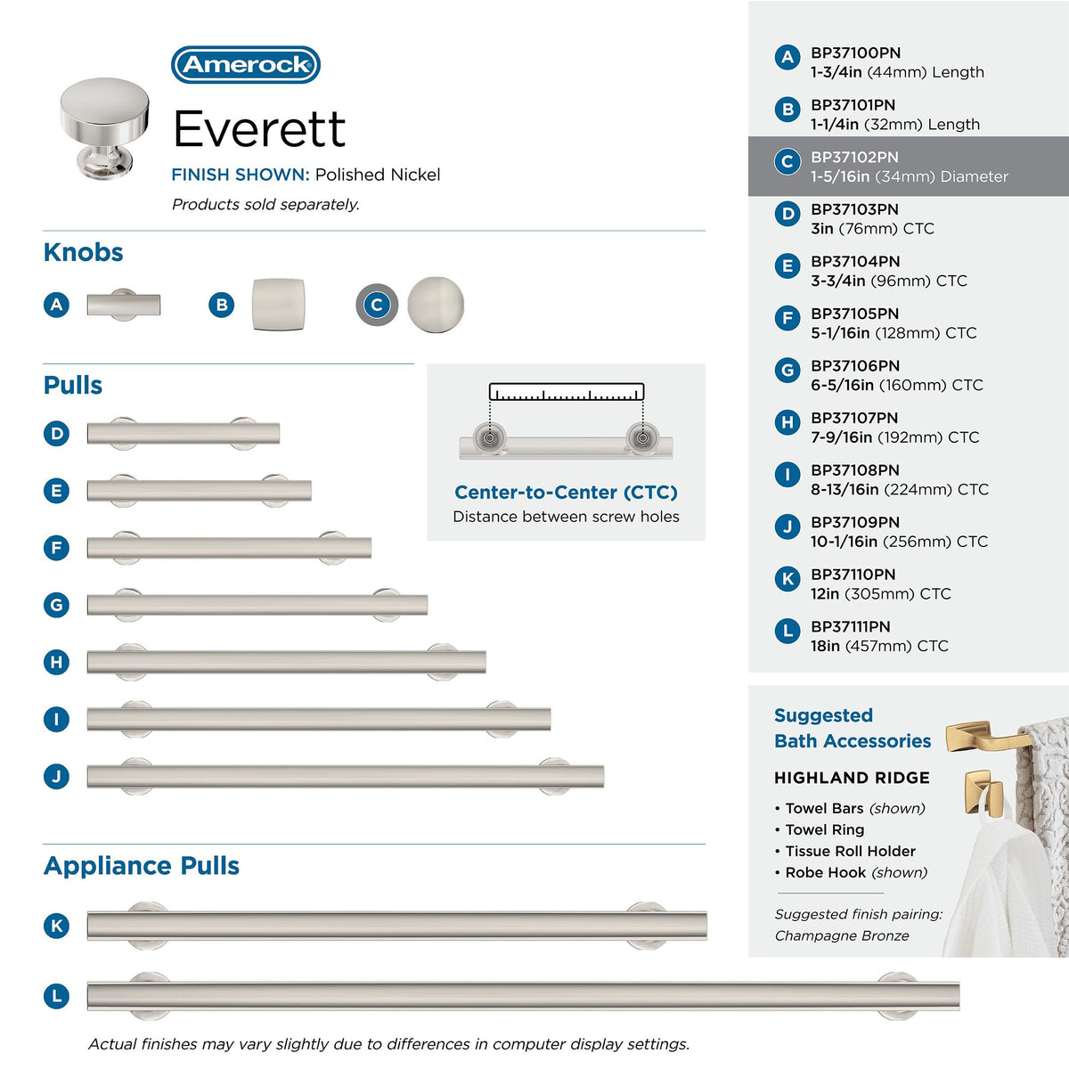 Amerock BP37102PN Everett Knob, Polished Nickel