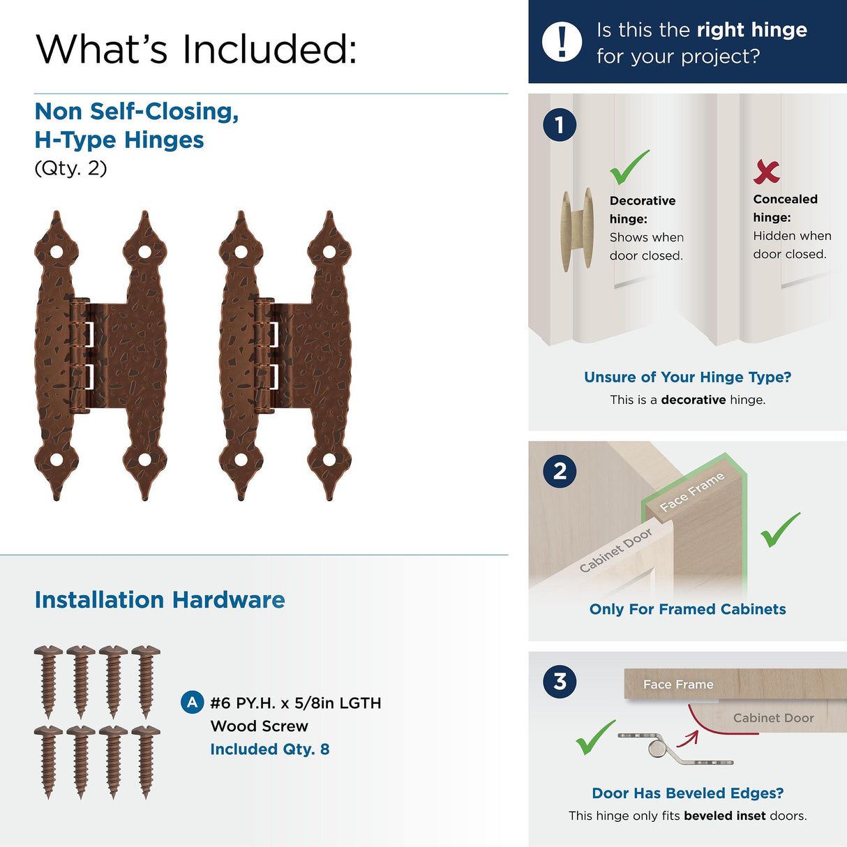 Amerock Cabinet Hinge 3/8 inch (10 mm) Offset Hinge Antique Copper 2 Pack Non Self-Closing Hinge H-Type Hinge Cabinet Door Hinge