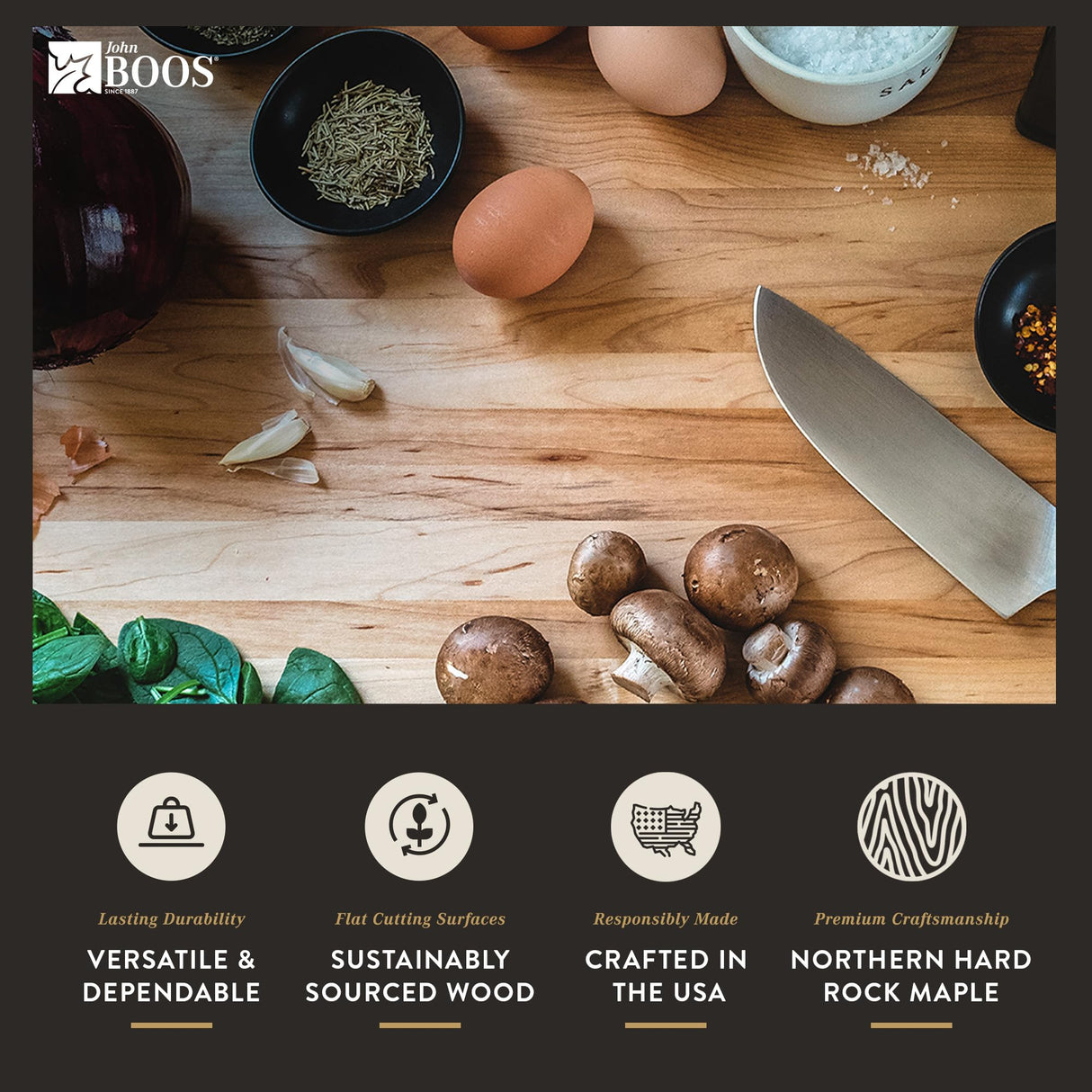 John Boos Chop-N-Slice Maple Wood Cutting Board for Kitchen Prep, 1.25" Thick, Large, Edge Grain, Charcuterie Boos Block, 20" x 14", Reversible