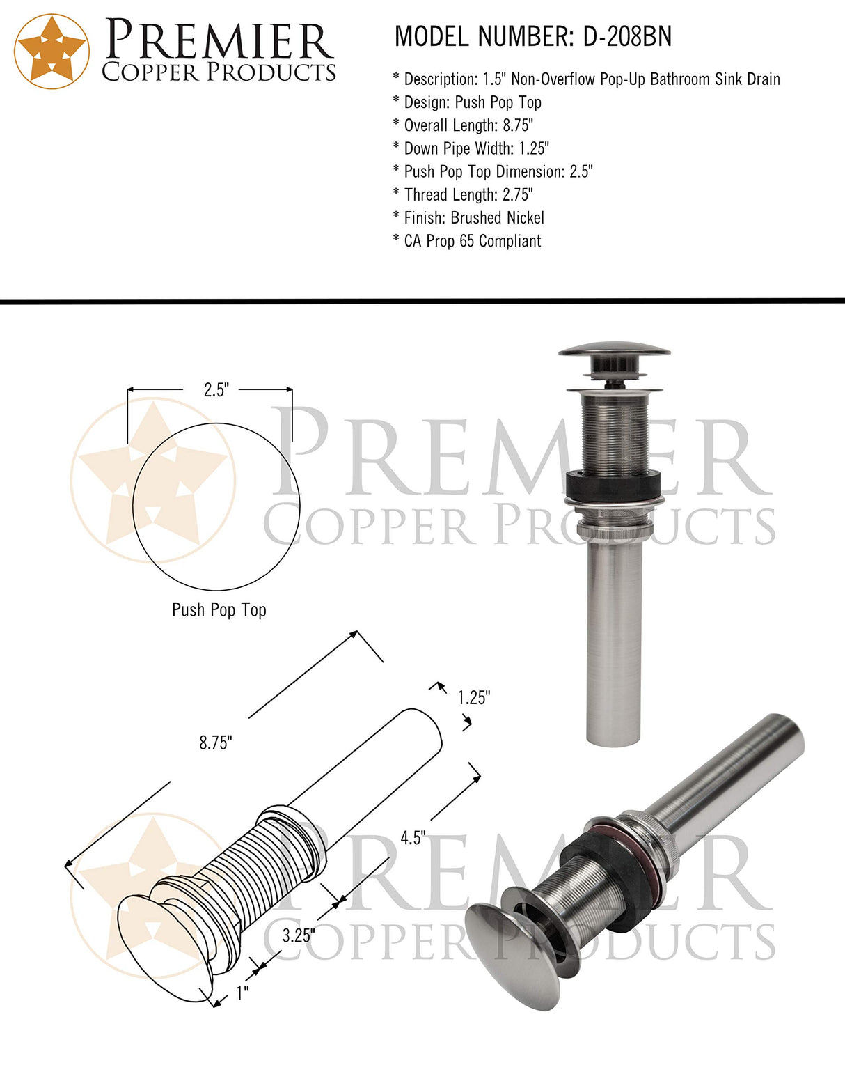 Premier Copper Products D-208BN 1.5-Inch Non-Overflow Pop-up Bathroom Sink Drain