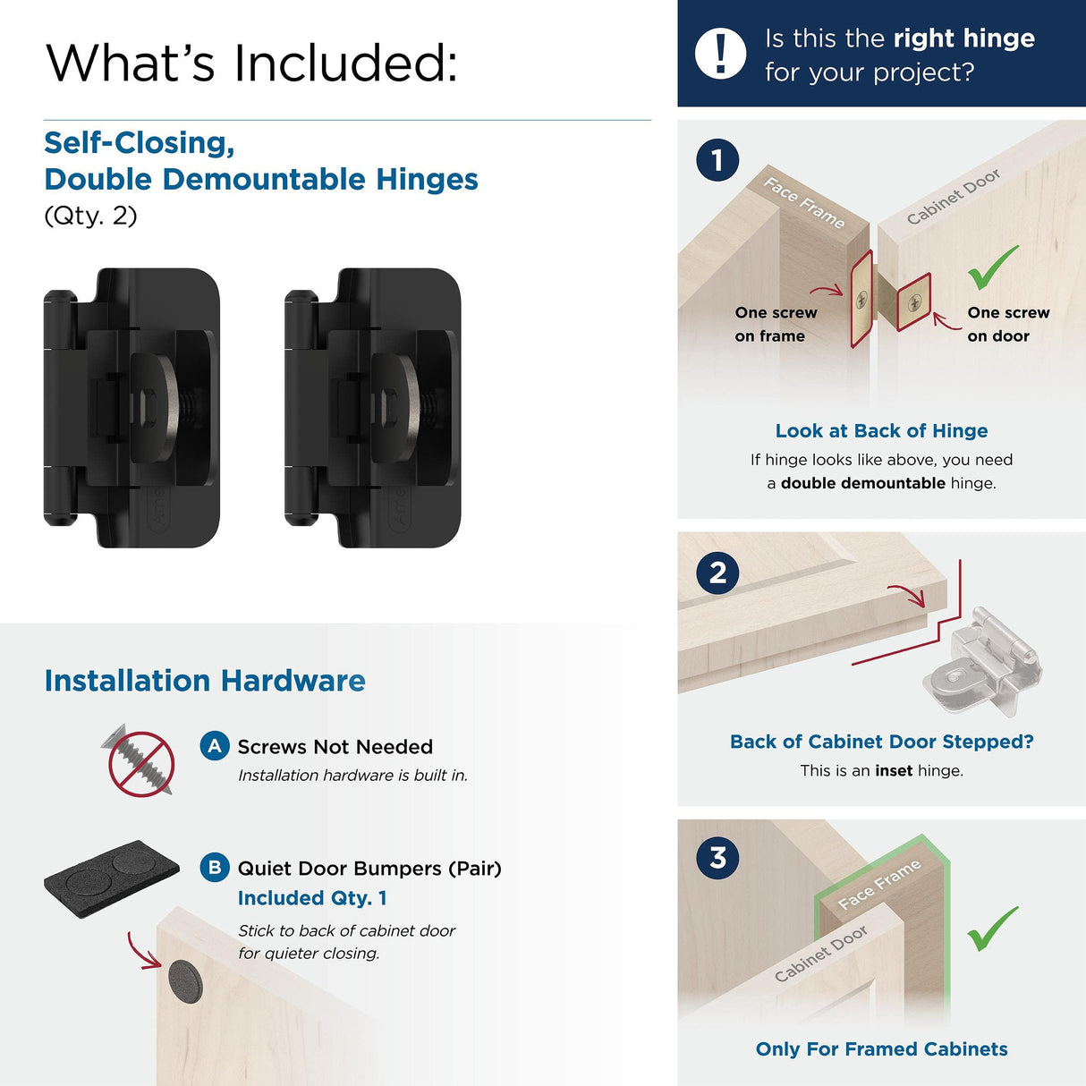 Amerock BPR8700FB Cabinet Hinge 3/8 in (10 mm) Inset Double Demountable Matte Black Kitchen Cabinet Door Hinge 1 Pair/2 Pack Functional Hardware