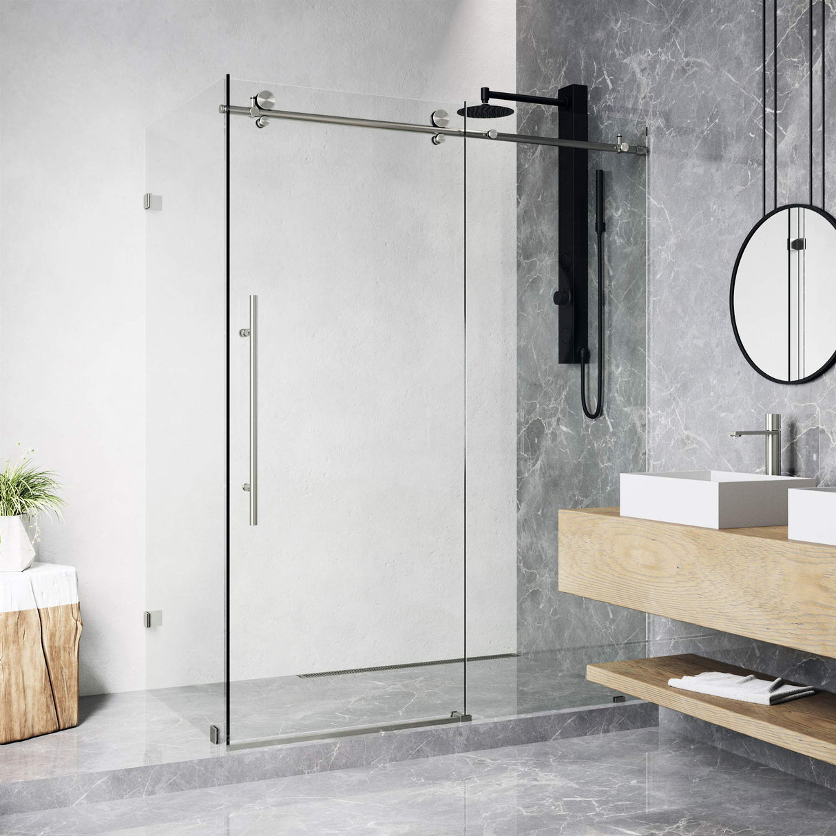 VIGO 46"W x 76"H Elan E-Class Frameless Sliding Rectangle Shower Enclosure with Clear Tempered Glass, Reversible Door Handle and Stainless Steel Hardware in Stainless Steel-VG6053STCL48