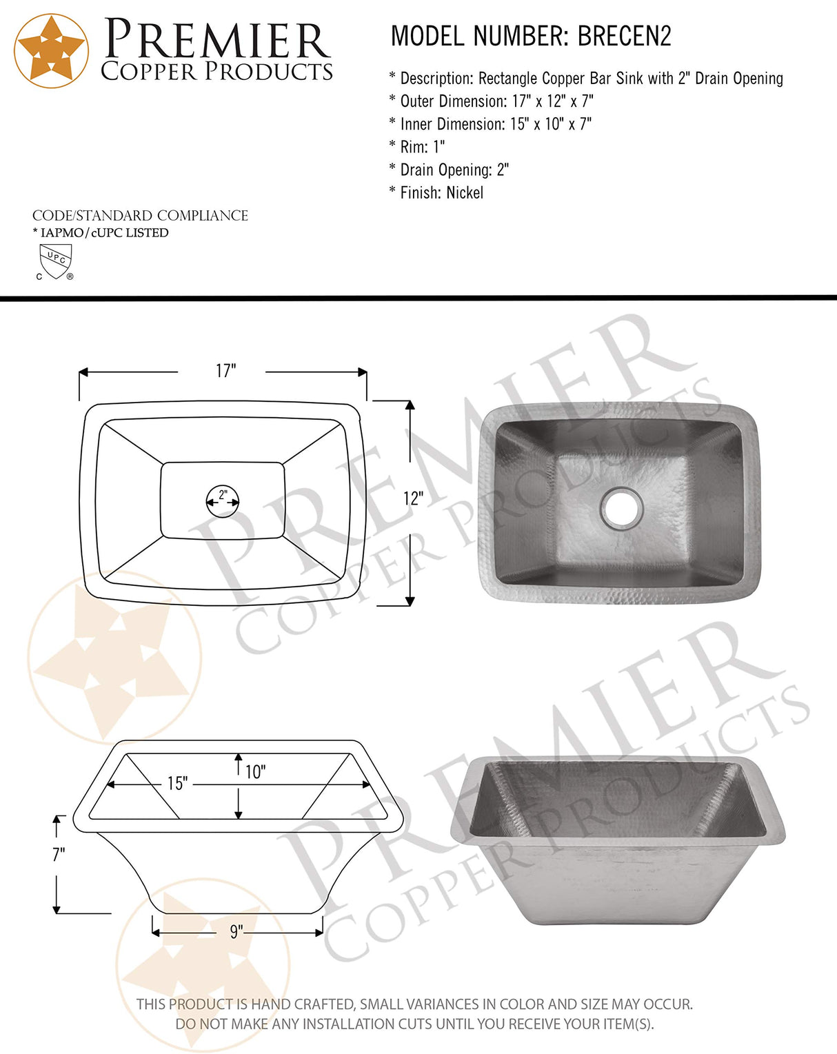 Premier Copper Products BRECEN2 17-Inch Rectangle Copper Bar Sink w/ 2-Inch Drain Opening, Nickel