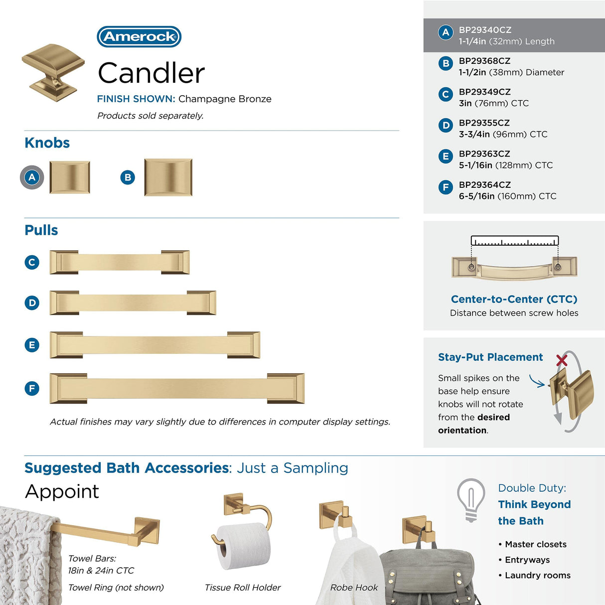 Amerock Cabinet Knob |Champagne Bronze 1-1/4 in (32 mm) Length Drawer Knob Candler Kitchen and Bath Hardware Furniture Hardware