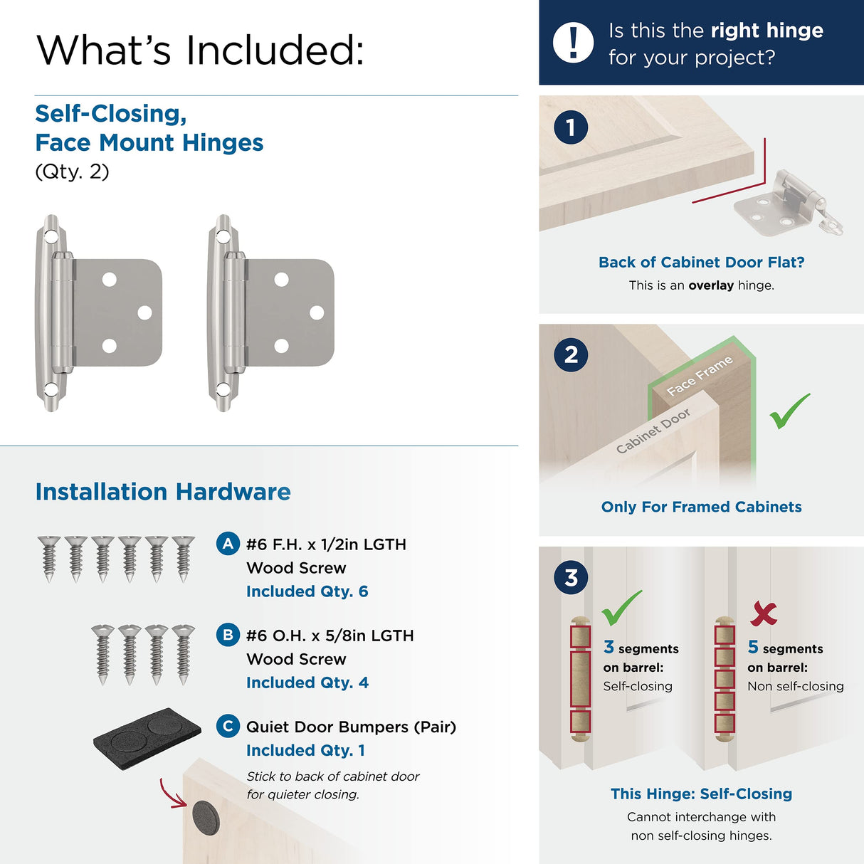 Variable Overlay Self-Closing, Face Mount Polished Chrome Hinge - 2 Pack