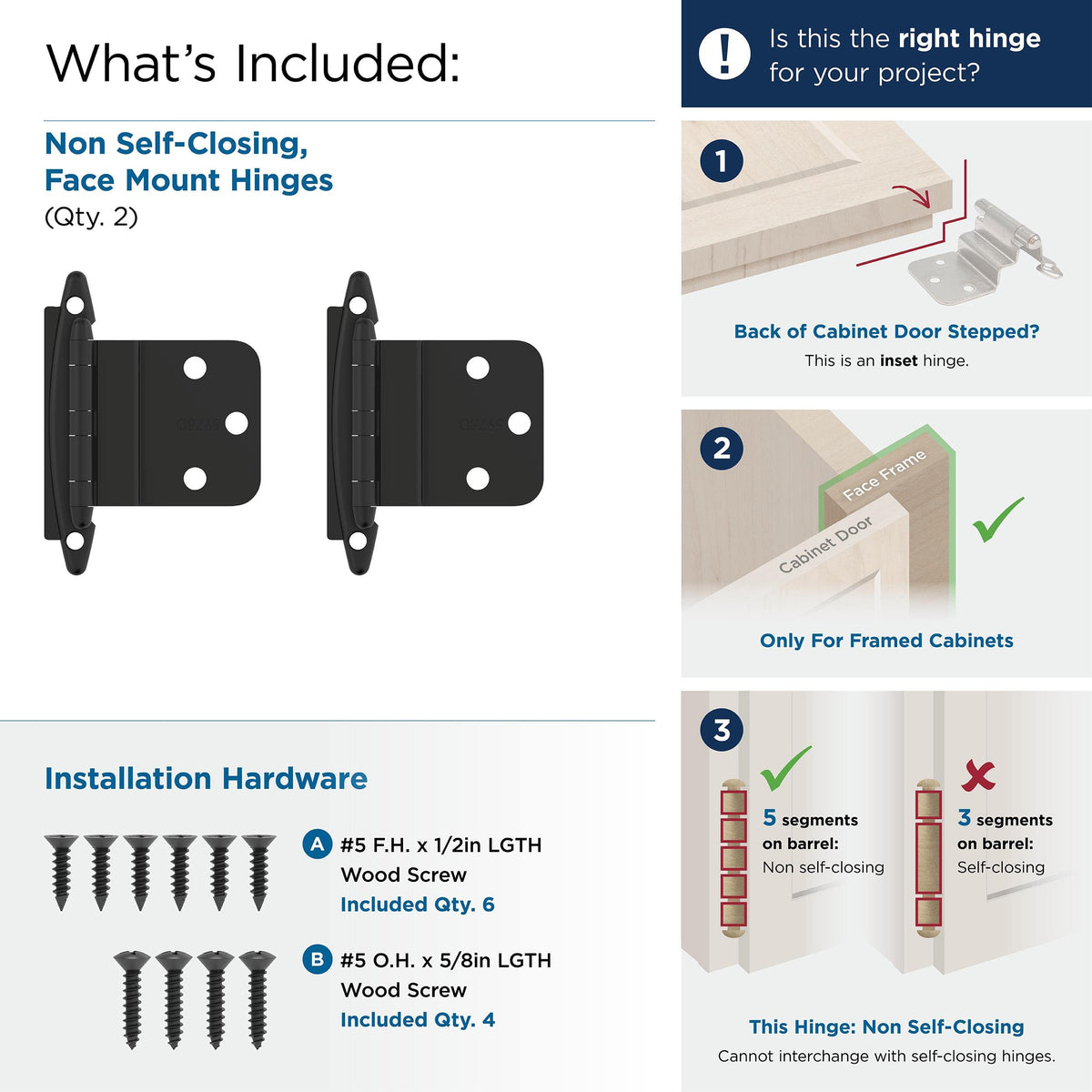 Amerock BPR3417FB Cabinet Hinge 3/8 in (10 mm) Inset Non-Self Closing Face Mount Matte Black Kitchen Cabinet Door Hinge 1 Pair/2 Pack Functional Hardware
