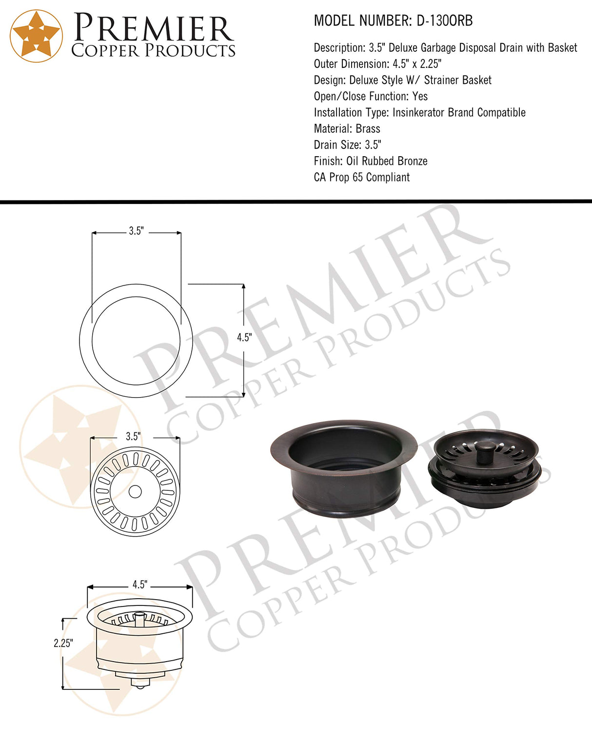 Premier Copper Products D-130ORB 3.5-Inch Deluxe Garbage Disposal Drain with Basket, Oil Rubbed Bronze