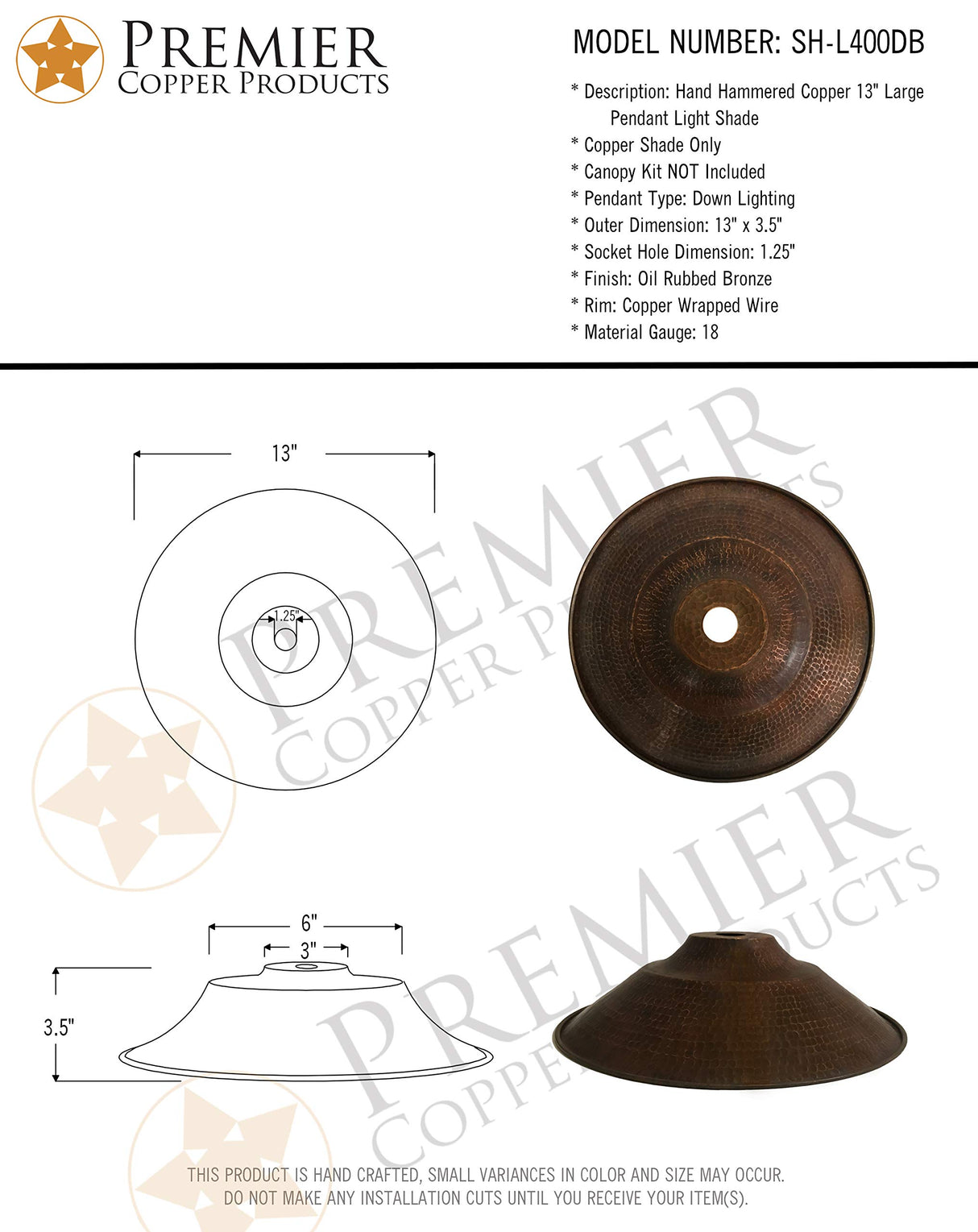 Premier Copper Products SH-L400DB Hand Hammered Copper 13-Inch Large Pendant Light Shade