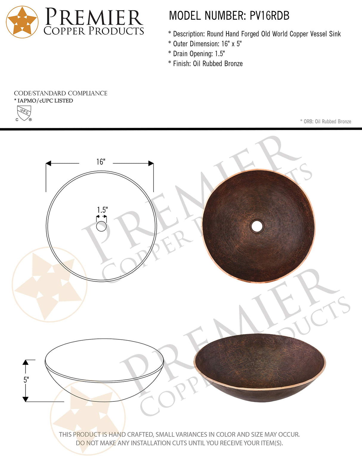Premier Copper Products PV16RDB 16-Inch Round Hand Forged Old World Copper Vessel Sink, Oil Rubbed Bronze
