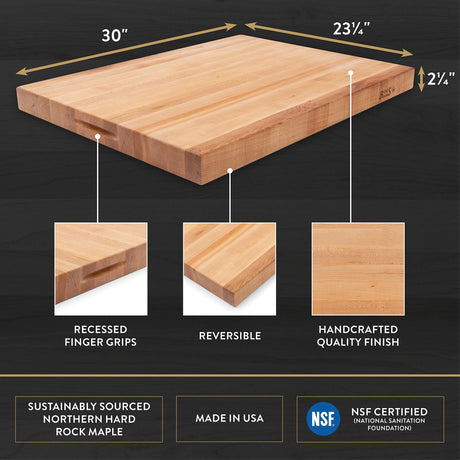 John Boos RA06 Maple Wood Cutting Board for Kitchen Prep 30 Inches x 23 Inches, 2.25 Thick Reversible End Grain Rectangular Charcuterie Block 30X23.25X2.25 MPL-EDGE GR-REV-GRIPS