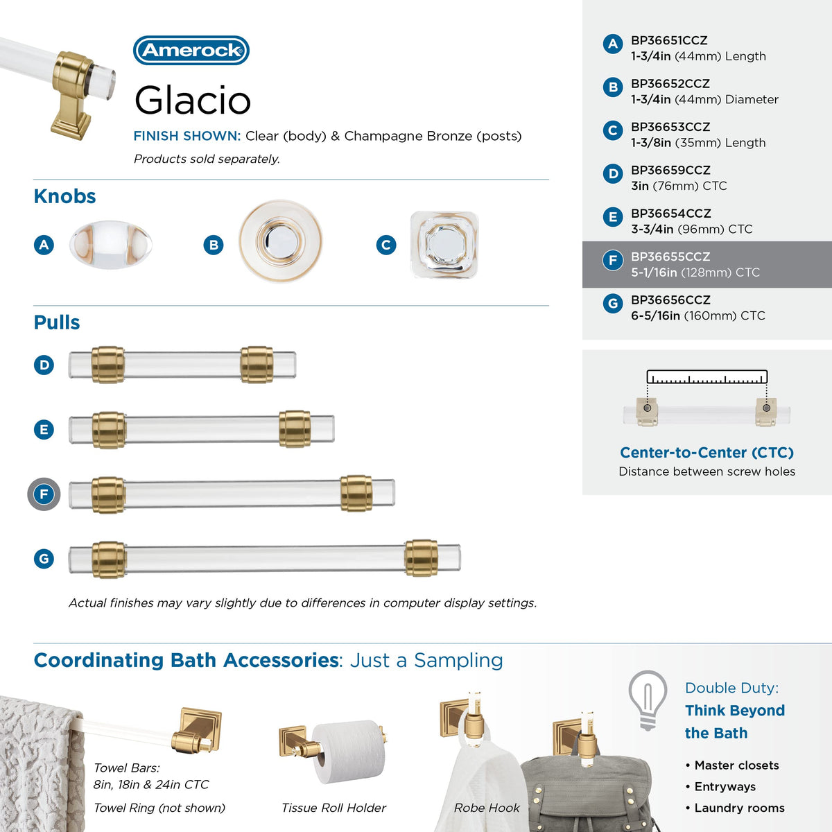 Amerock Cabinet Pull Clear/Champagne Bronze 5-1/16 inch (128 mm) Center to Center Glacio 1 Pack Drawer Pull Drawer Handle Cabinet Hardware