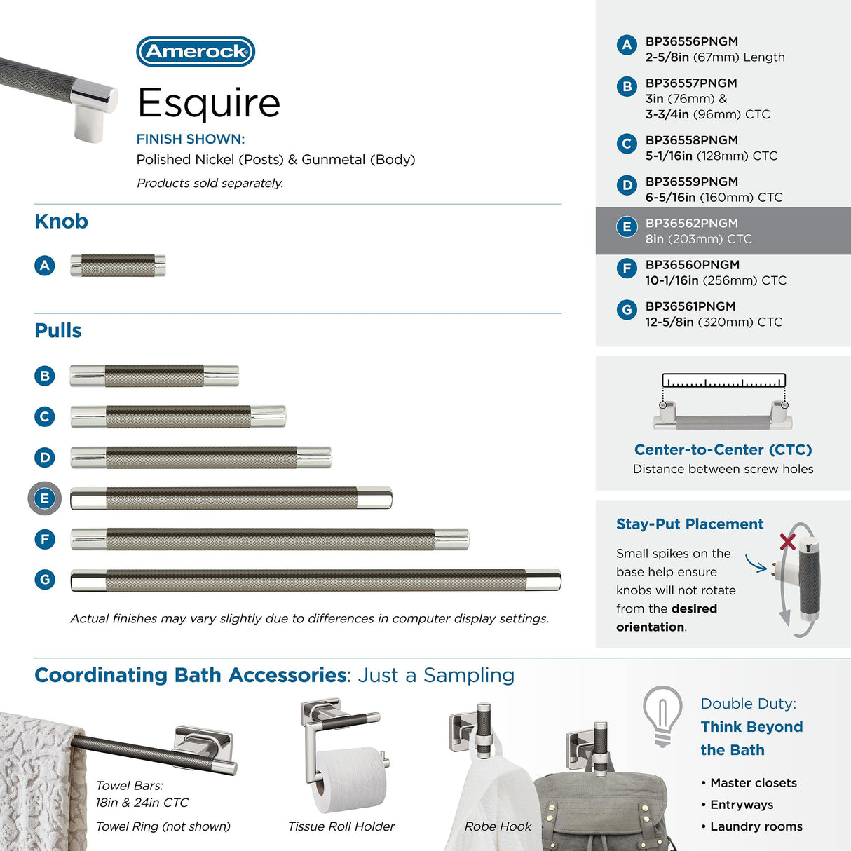 Amerock BP36562PNGM Esquire Cabinet Pull, 8in (203mm) Center-to-Center, Polished Nickel/Gunmetal