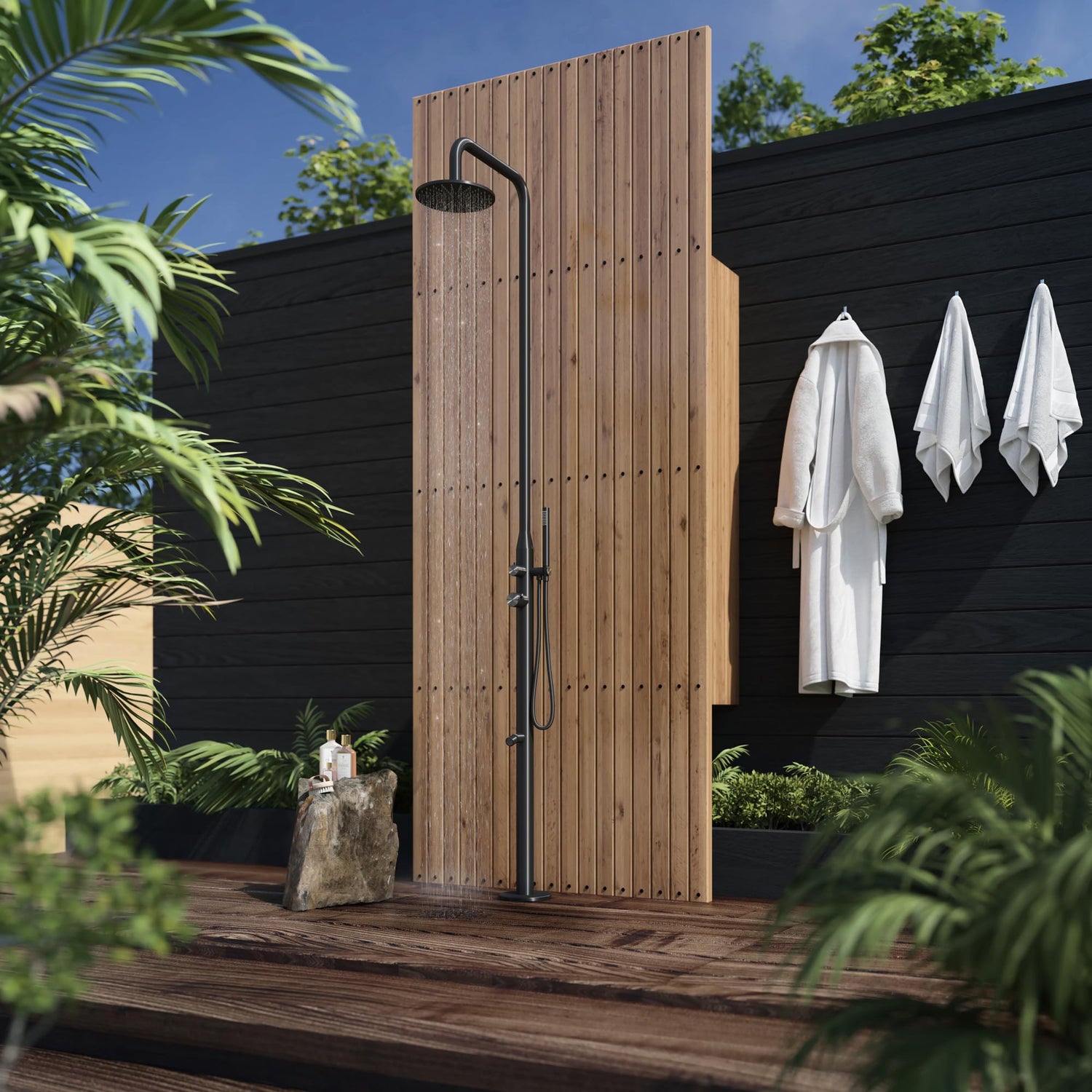 PULSE ShowerSpas 1065-MB Pipeline Outdoor Shower System, 10" Showerhead, Pivoting Arm, Hand Shower, Foot Spout Rinse, 316 Stainless-Steel Body, Matte Black