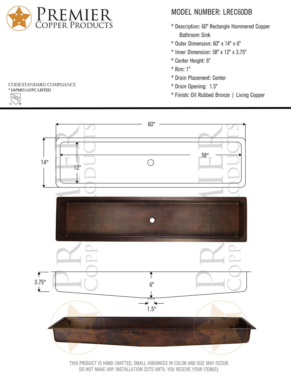 Premier Copper Products LREC60DB 60-Inch Rectangle Under Counter Hammered Copper Bathroom Sink