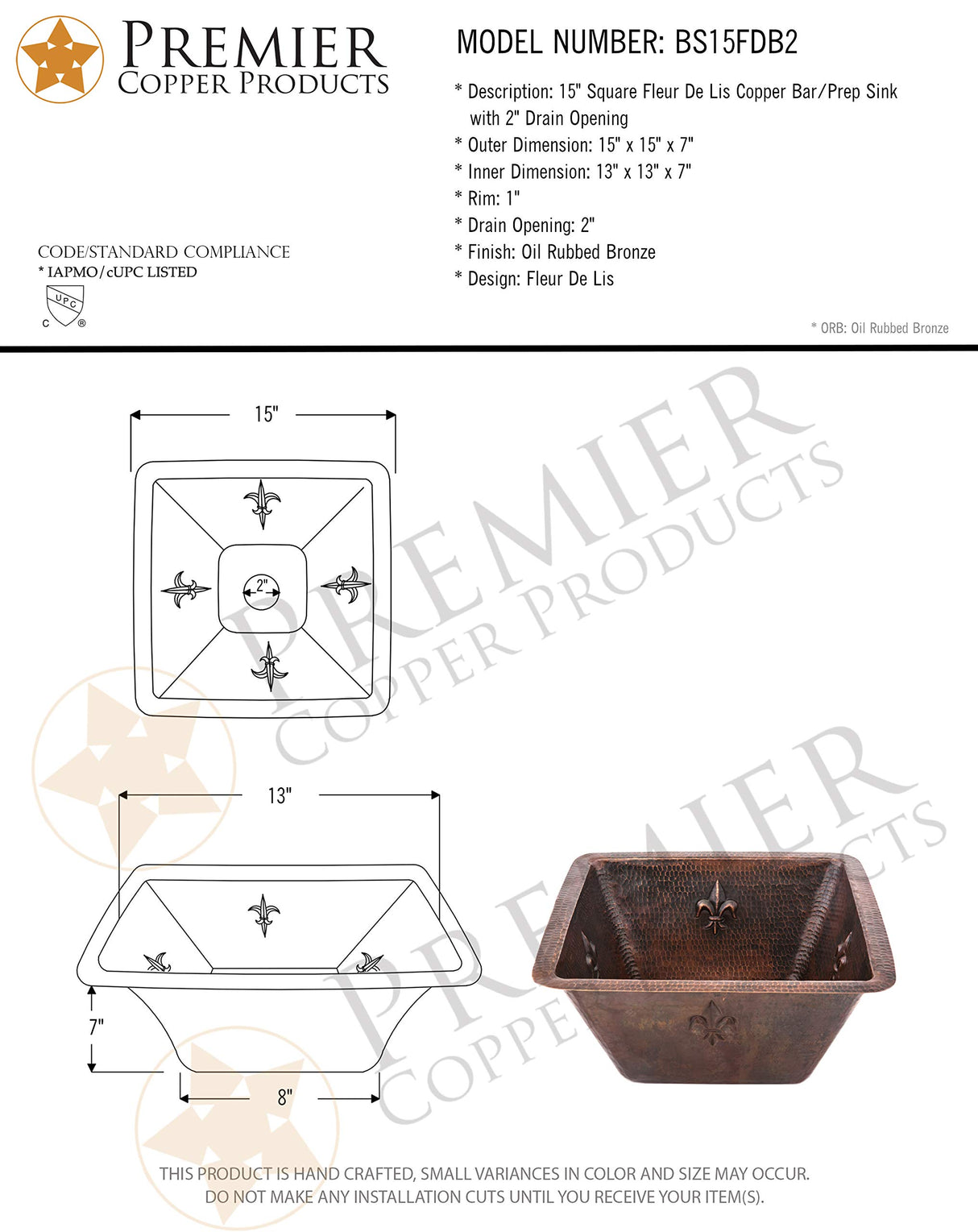 Premier Copper Products BS15FDB2 15-Inch Universal Square Fleur De Lis Hammered Copper Bar Sink with 2-Inch Drain Size, Oil Rubbed Bronze