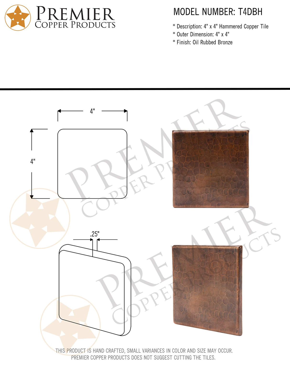 Premier Copper Products T4DBH 4-Inch by 4-Inch Hammered Copper Tile, Oil Rubbed Bronze