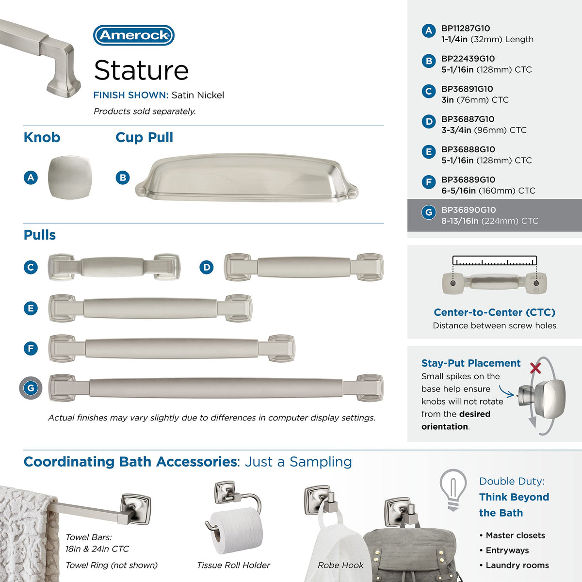 Amerock BP36890G10 Stature Cabinet Pull, 8-13/16 in (224 mm) Center-to-Center, Satin Nickel
