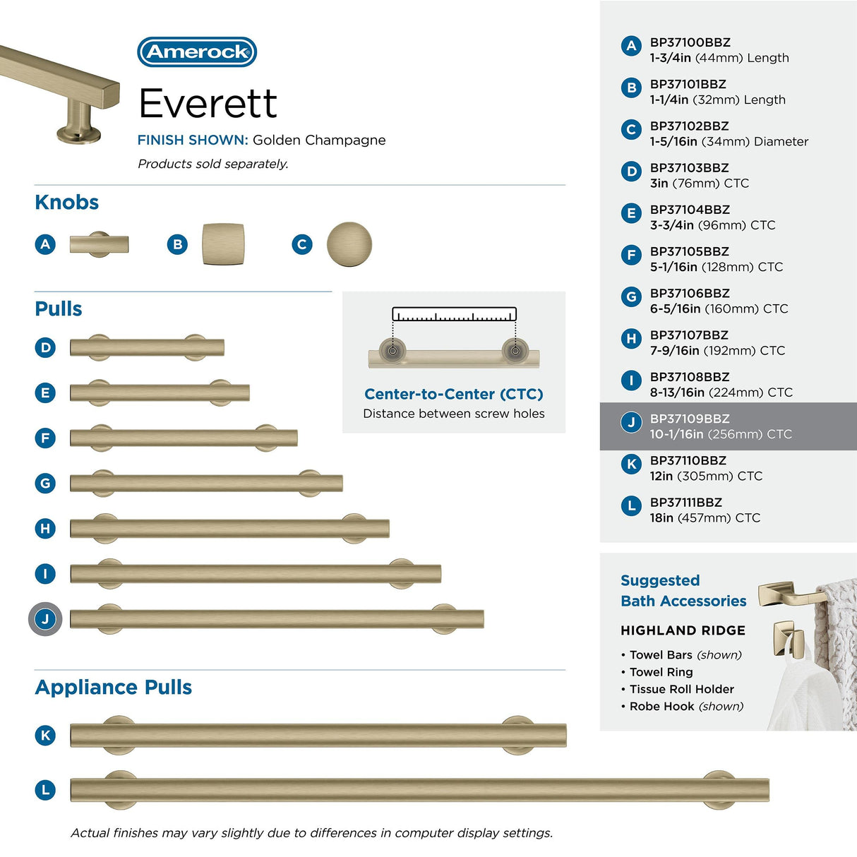 Amerock BP37109BBZ Everett 10-1/16 in (256 mm) Center-to-Center Golden Champagne Cabinet Pull Kitchen Cabinet Hardware Furniture Hardware Bathroom Drawer Handle
