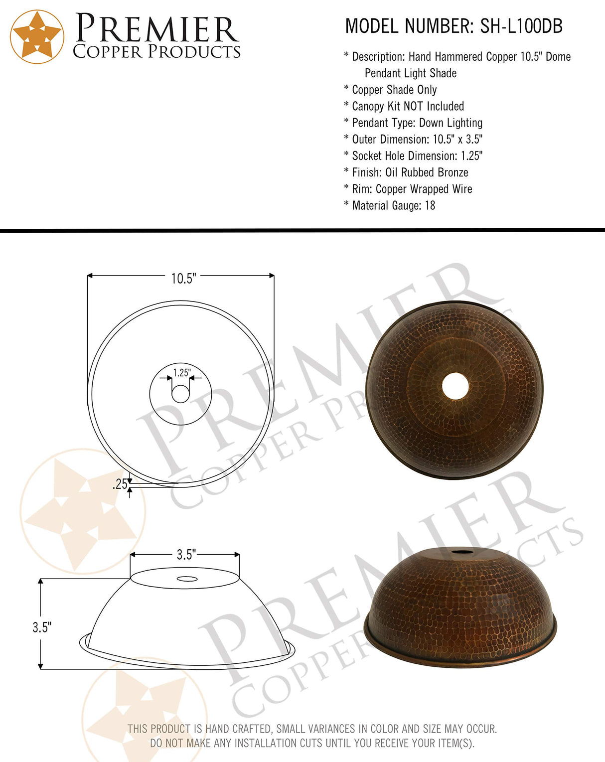Premier Copper Products SH-L100DB Hand Hammered Copper 10.5-Inch Dome Pendant Light Shade