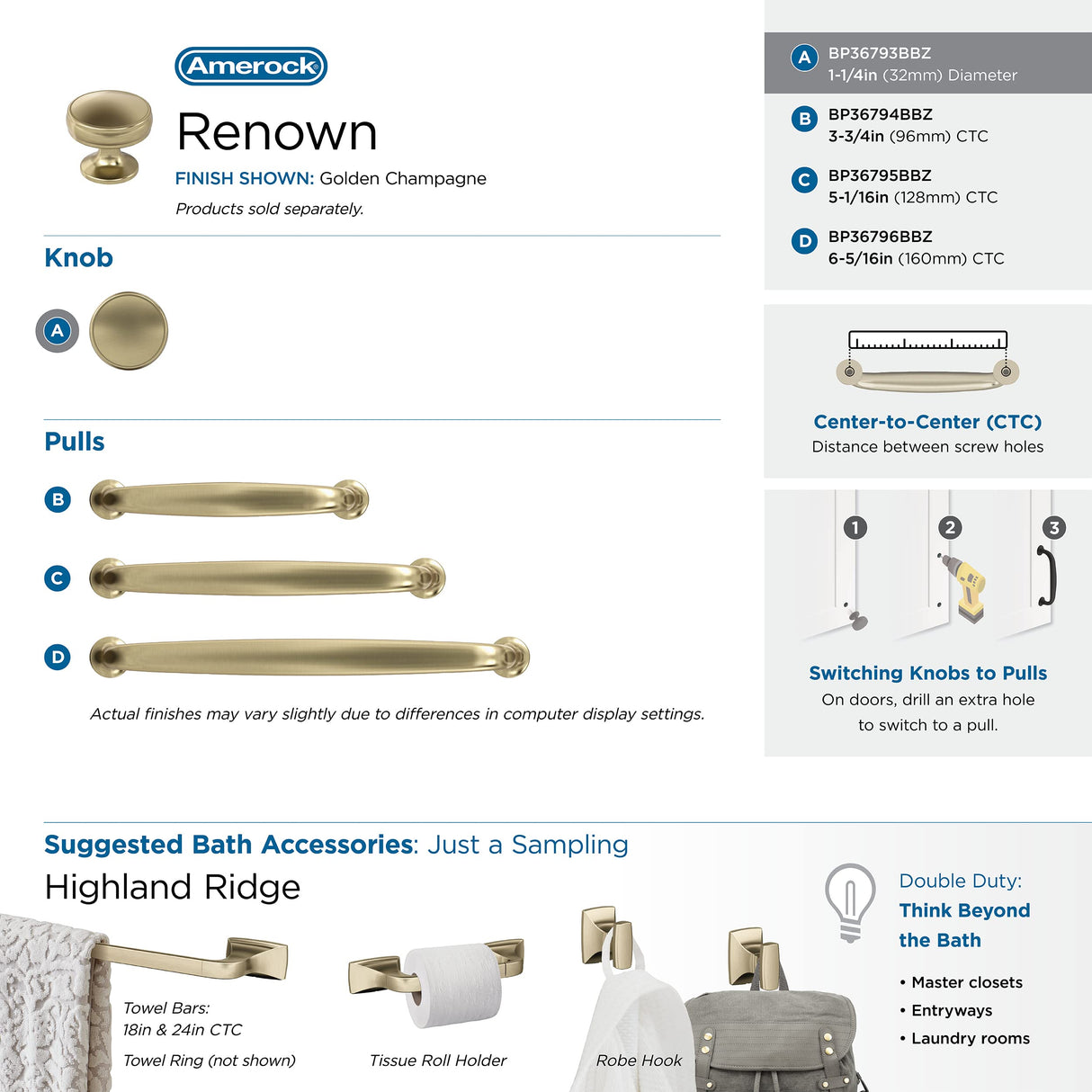 Amerock Cabinet Knob |Golden Champagne 1-1/4 in (32 mm) Diameter Drawer Knob Renown Kitchen and Bath Hardware Furniture Hardware