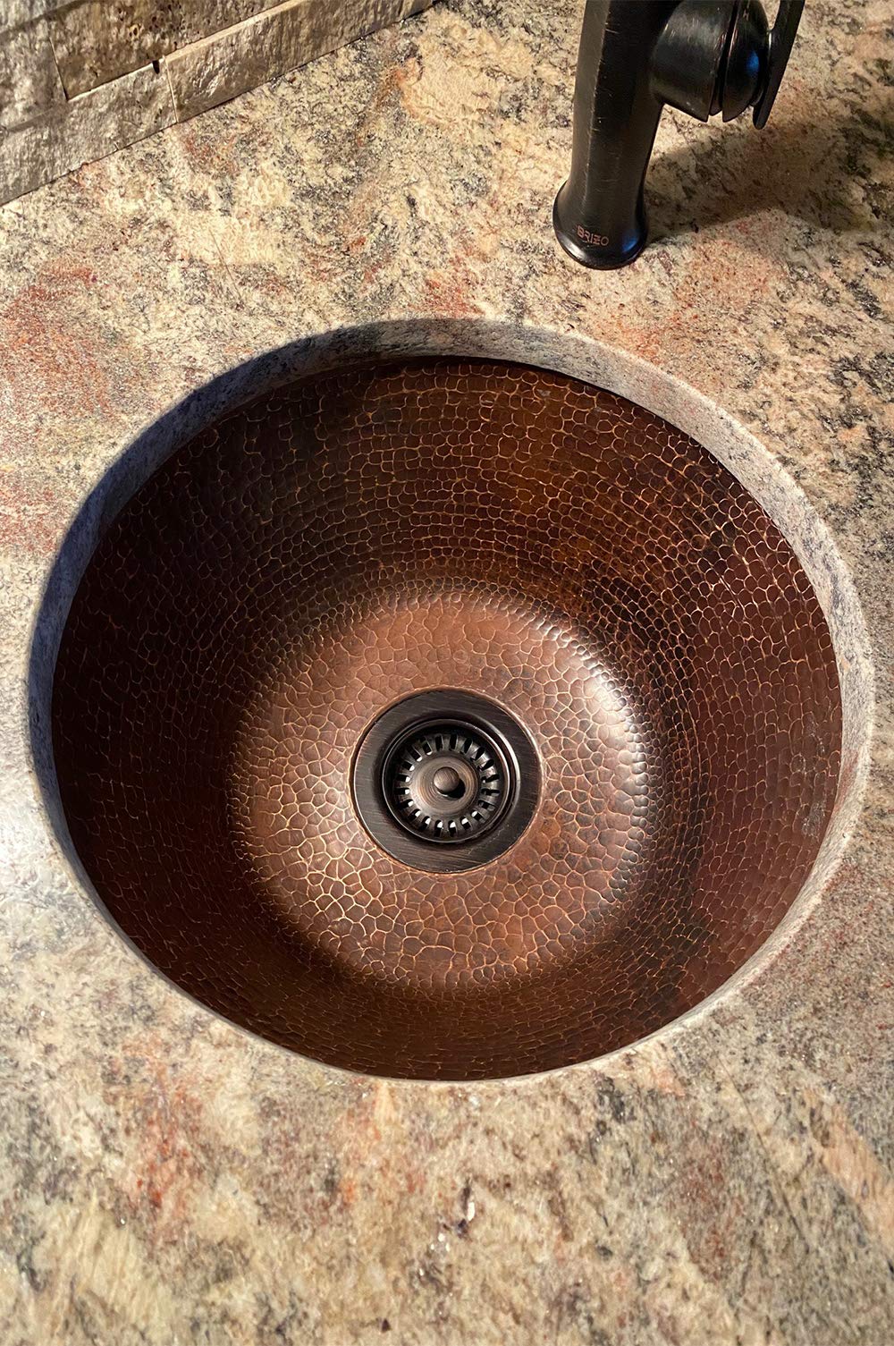 Premier Copper Products BR16DB3 16-Inch Universal Round Hammered Copper Sink with 3.5-Inch Drain Size, Oil Rubbed Bronze