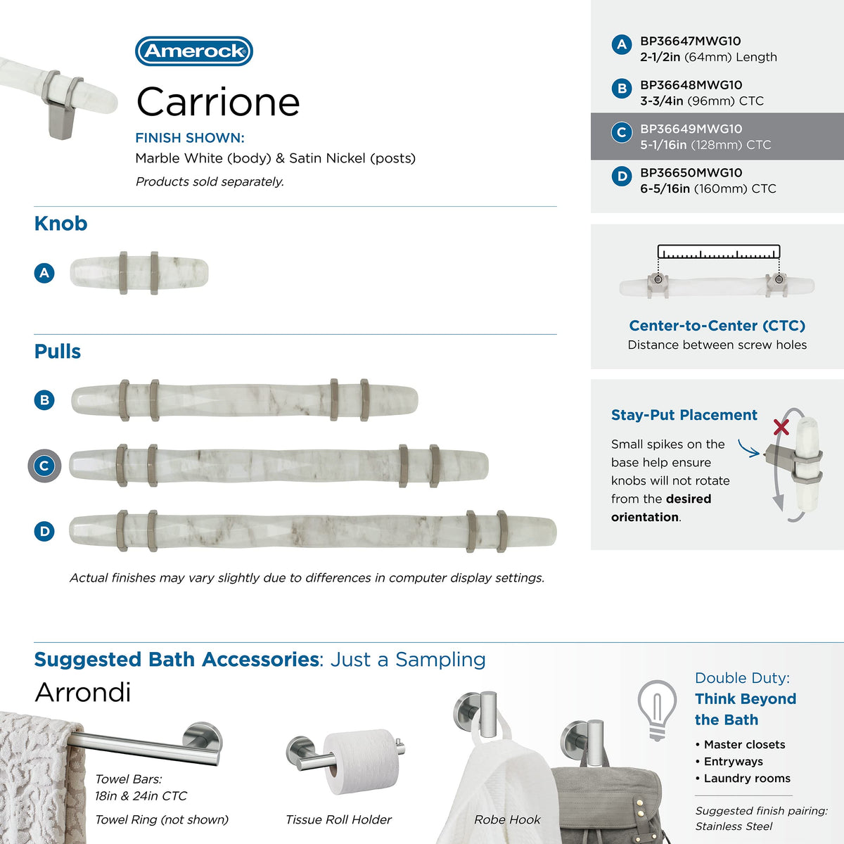 Amerock Cabinet Pull Marble White/Satin Nickel 5-1/16 inch (128 mm) Center to Center Carrione 1 Pack Drawer Pull Drawer Handle Cabinet Hardware