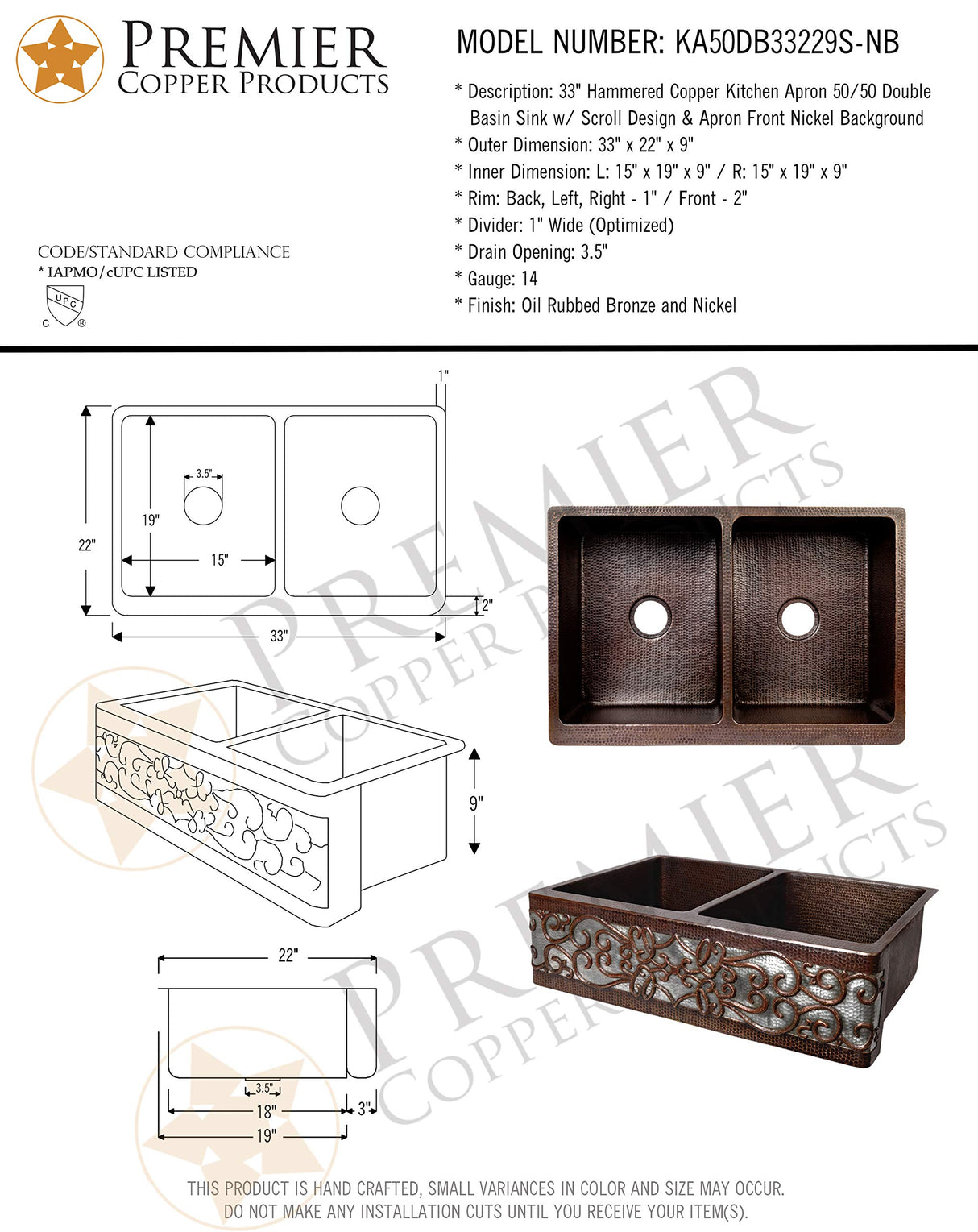 Premier Copper Products 33-inch Copper Apron Front 50/50 Double Basin Kitchen Sink w/Scroll Dsgn Nickel Bkgrnd