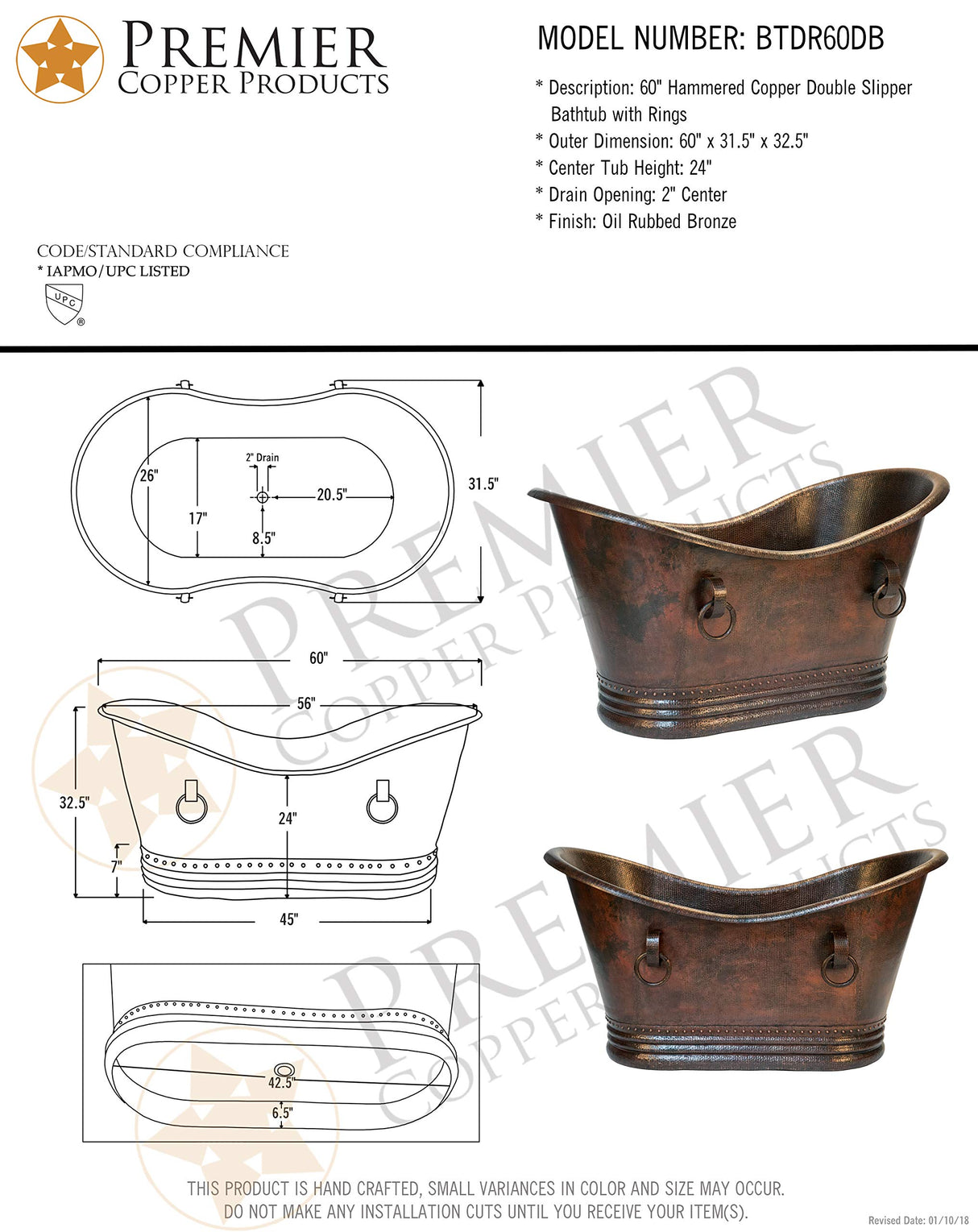 Double 60" x 32" Slipper Bathtub