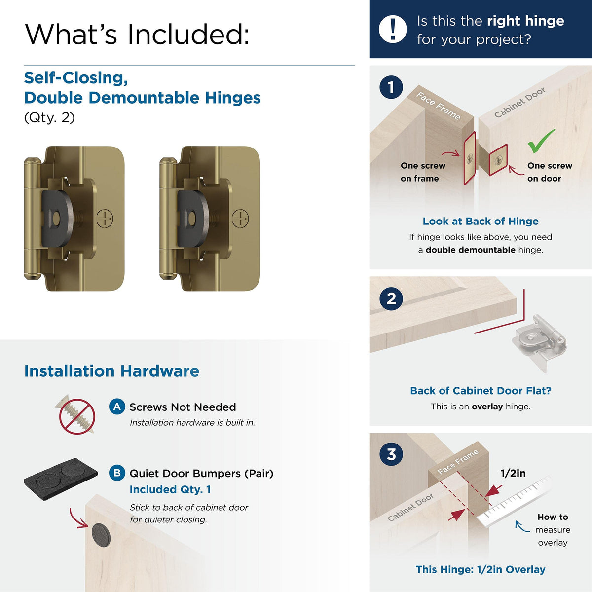 Amerock BPR8704BBZ Cabinet Hinge 1/2 in (13 mm) Overlay Double Demountable Golden Champagne Kitchen Cabinet Door Hinge 1 Pair/2 Pack Functional Hardware