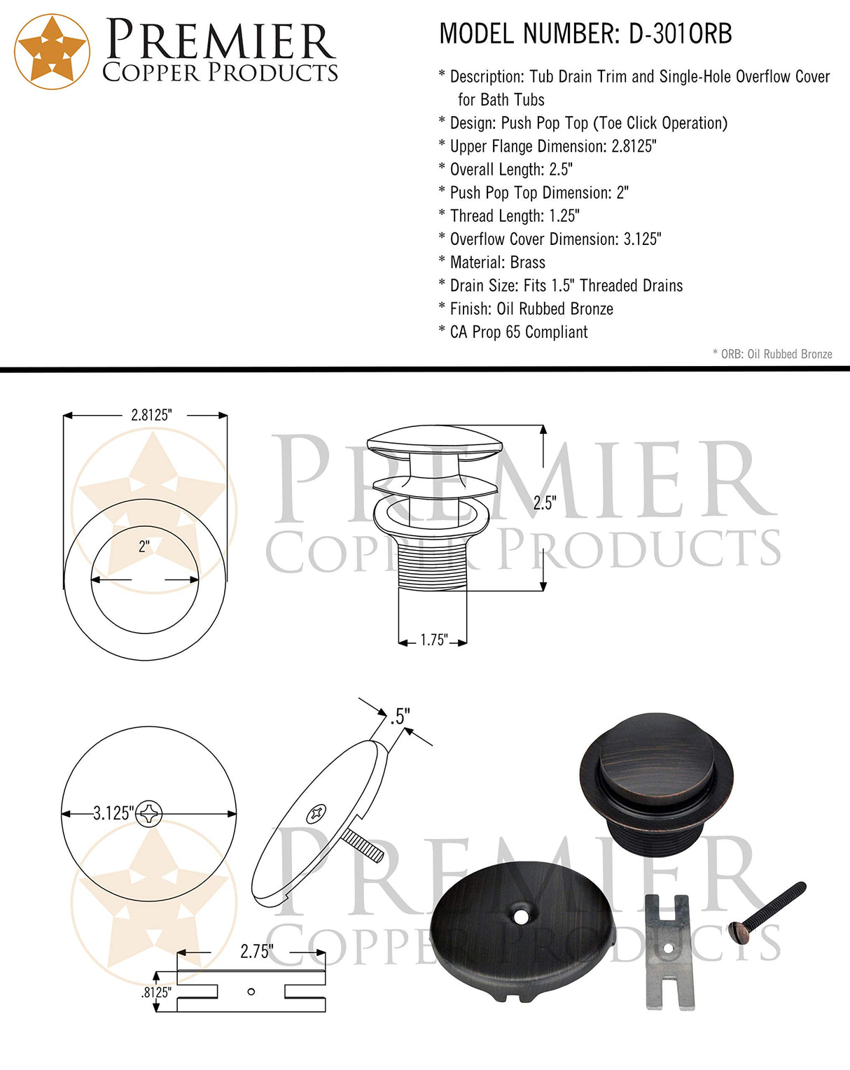 Premier Copper Products D-301ORB Tub Drain Trim and Single-Hole Overflow Cover for Bath Tubs, Oil Rubbed Bronze