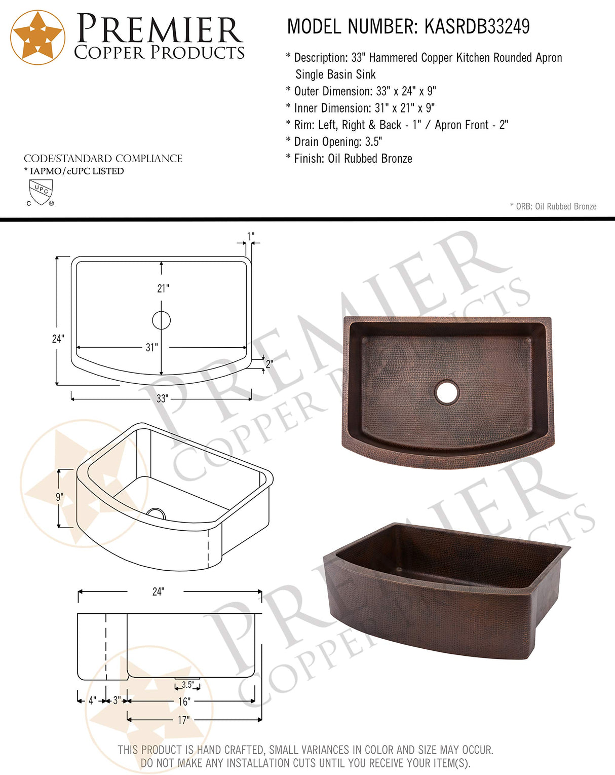 Premier Copper Products KASRDB33249 33-Inch Hammered Copper Kitchen Rounded Apron Single Basin Sink, Oil Rubbed Bronze