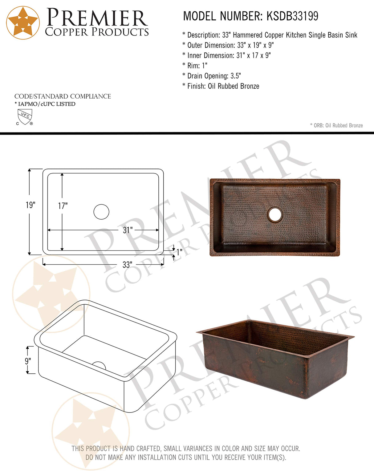 Premier Copper Products KSDB33199 33-Inch Hammered Copper Kitchen Single Basin Sink, Oil Rubbed Bronze