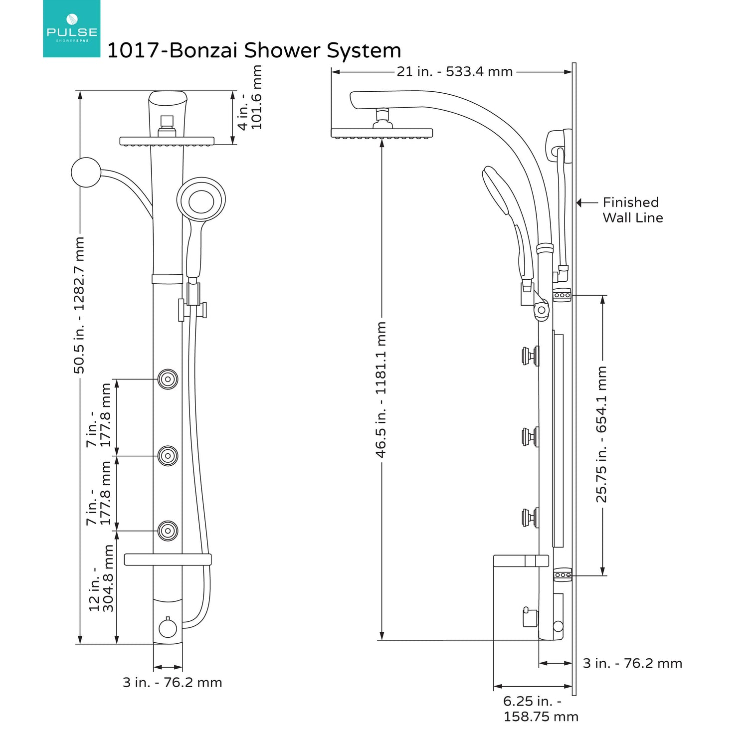 PULSE ShowerSpas 1017-B Bonzai Shower System with 8" Rain Showerhead, 3 Pulsating Body Spray Jets, 5-Function Hand Shower and Integral Shelf, Black Anodized Aluminum Body with Chrome Fixtures