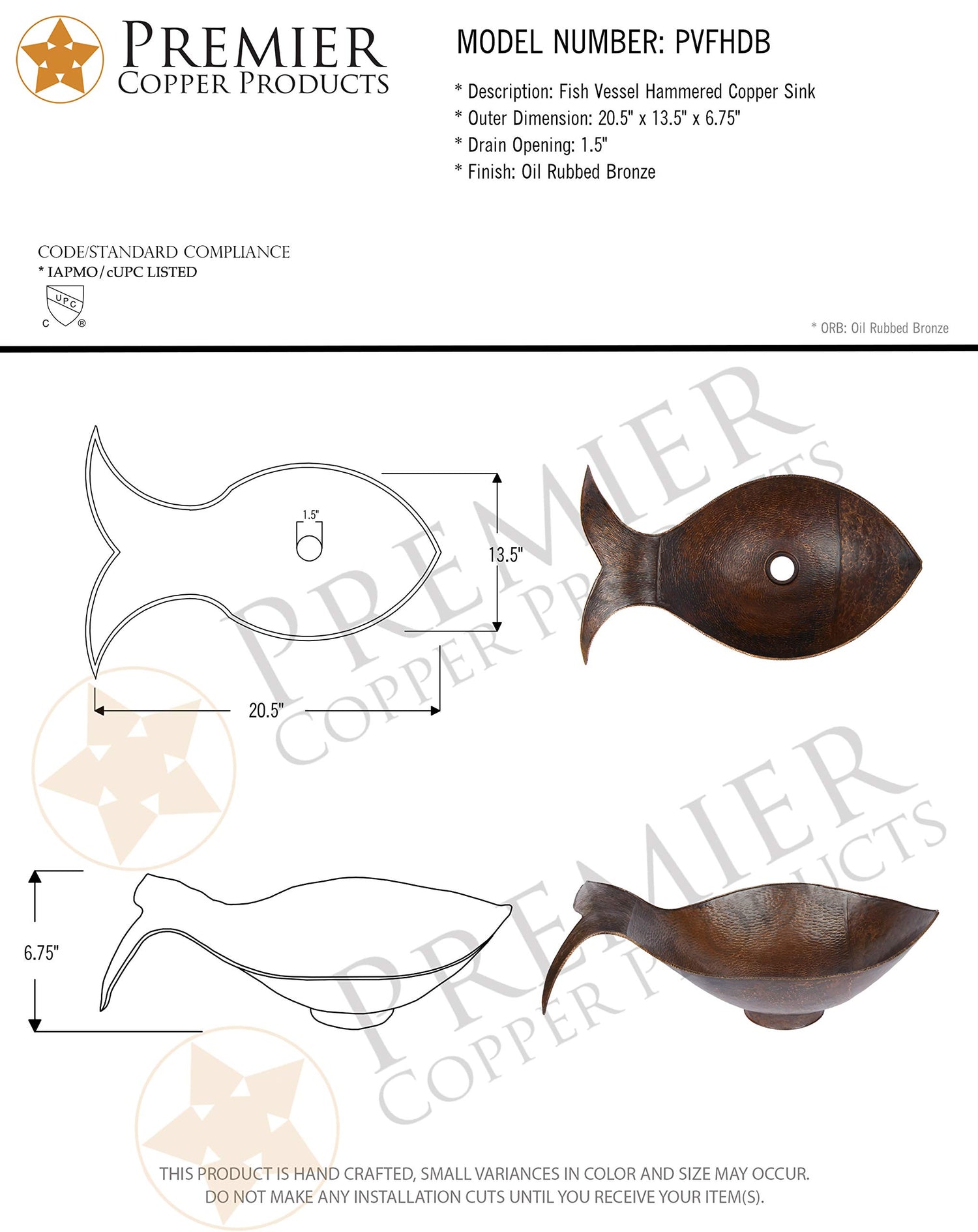 Premier Copper Products PVFHDB 20.5-Inch Fish Vessel Hammered Copper Sink