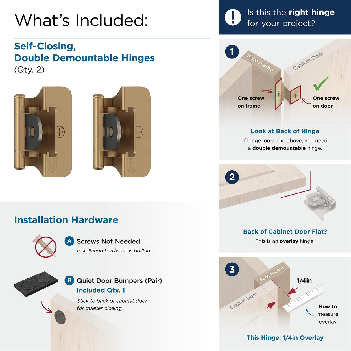 Amerock BPR8701CZ Cabinet Hinge 1/4 in (6 mm) Overlay Double Demountable Champagne Bronze Kitchen Cabinet Door Hinge 1 Pair/2 Pack Functional Hardware