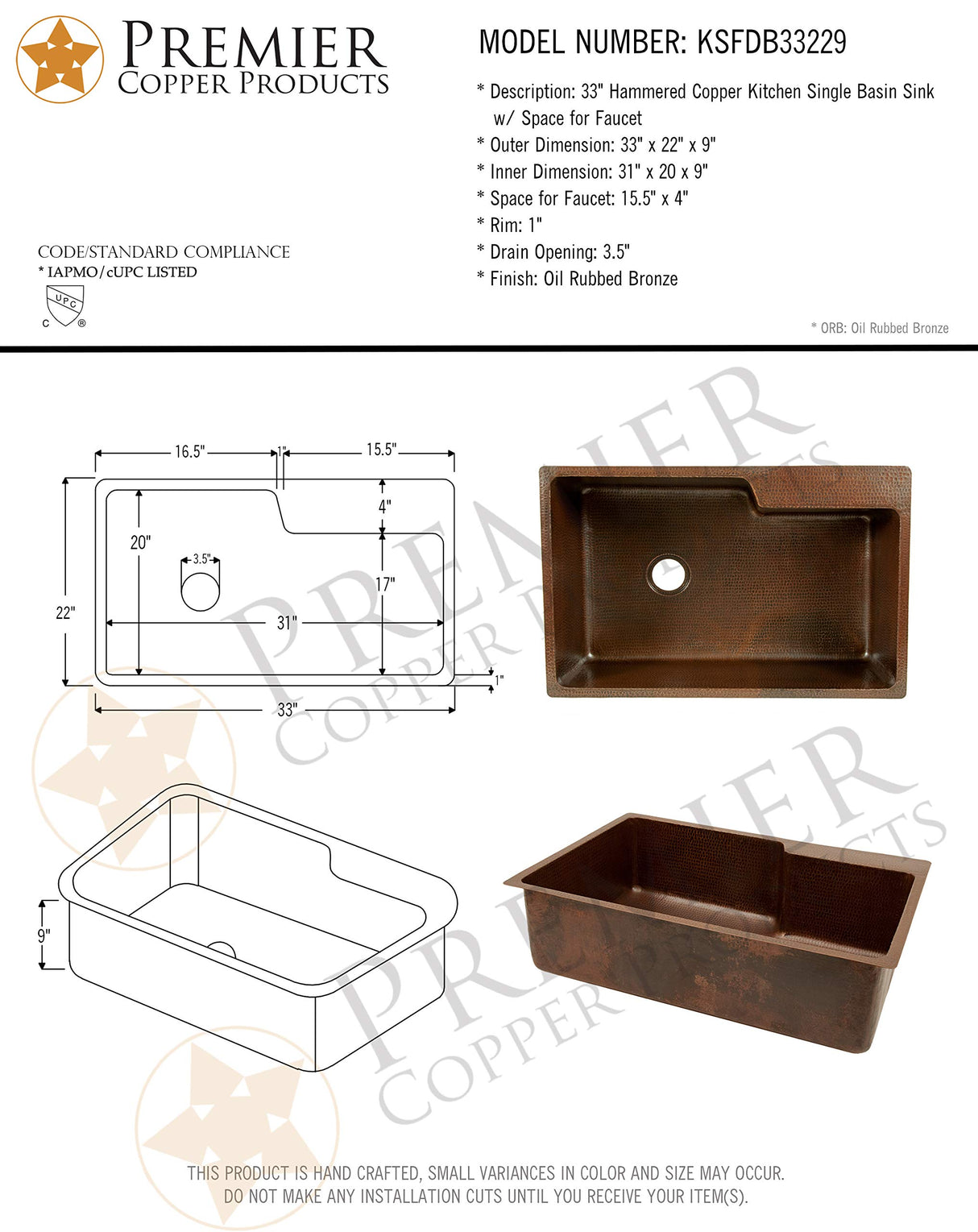 Premier Copper Products KSFDB33229 33-Inch Hammered Copper Kitchen Single Basin Sink with Space for Faucet, Oil Rubbed Bronze