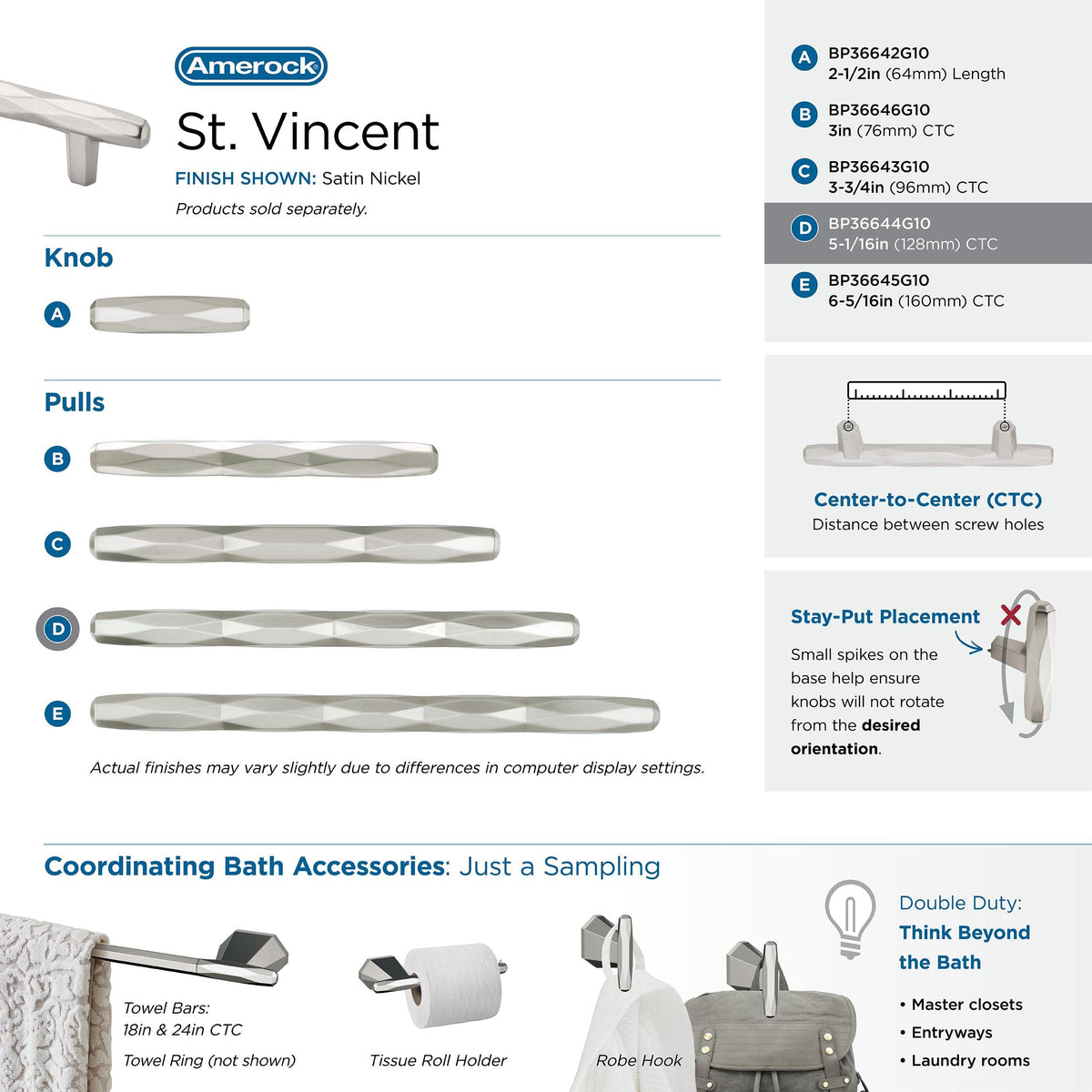 Amerock Cabinet Pull Satin Nickel 5-1/16 inch (128 mm) Center to Center St. Vincent 1 Pack Drawer Pull Drawer Handle Cabinet Hardware
