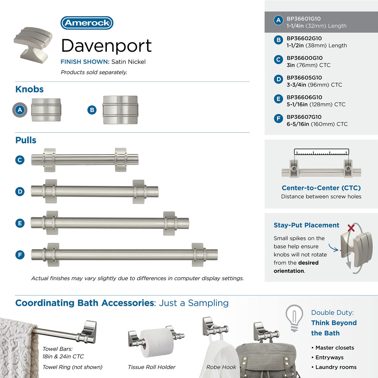 Amerock Cabinet Knob Satin Nickel 1-1/4 inch (32 mm) Length Davenport 1 Pack Drawer Knob Cabinet Hardware
