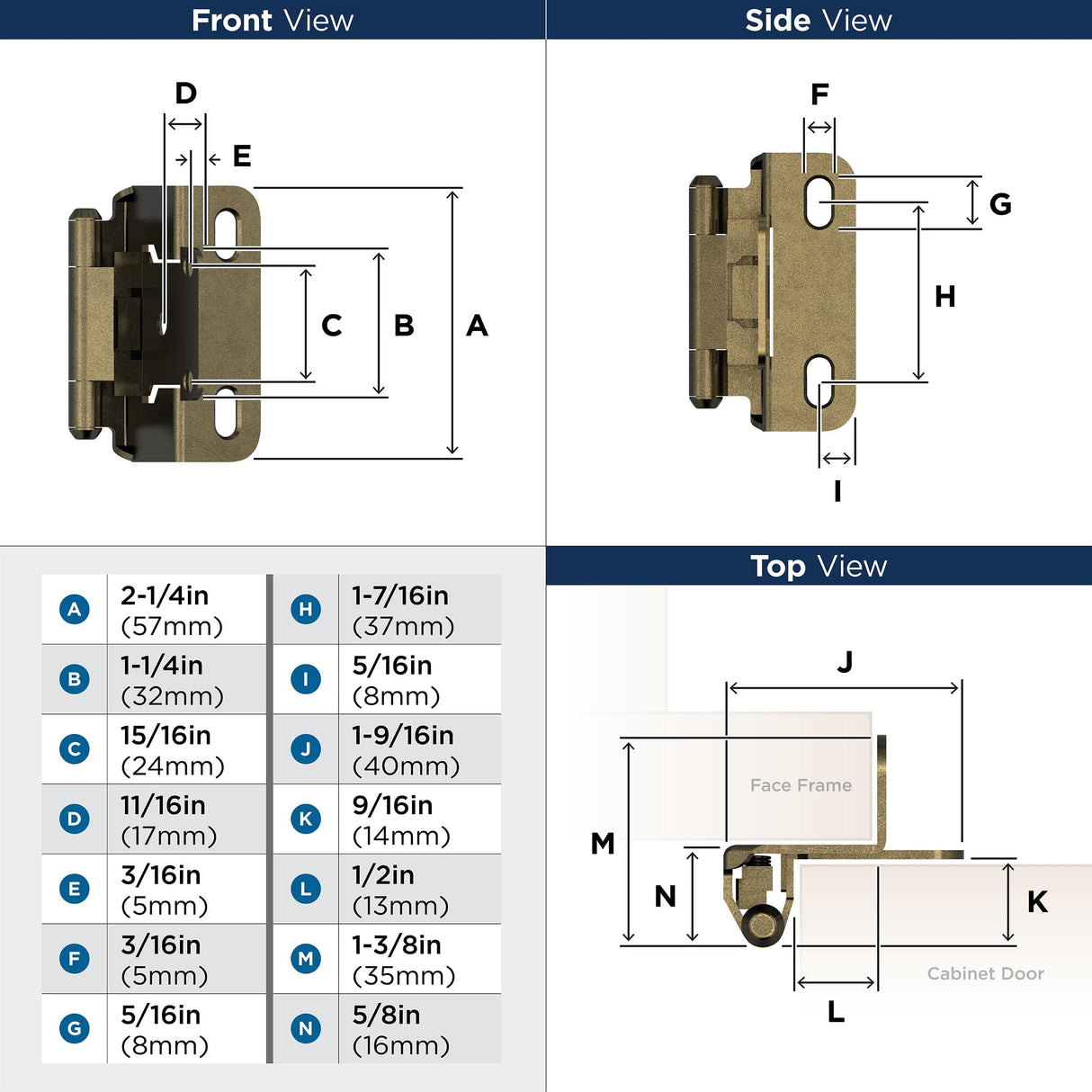 Amerock Cabinet Hinge 1/2 inch (13 mm) Overlay Hinge Burnished Brass 2 Pack Self-Closing Hinge Partial Wrap Hinge Cabinet Door Hinge