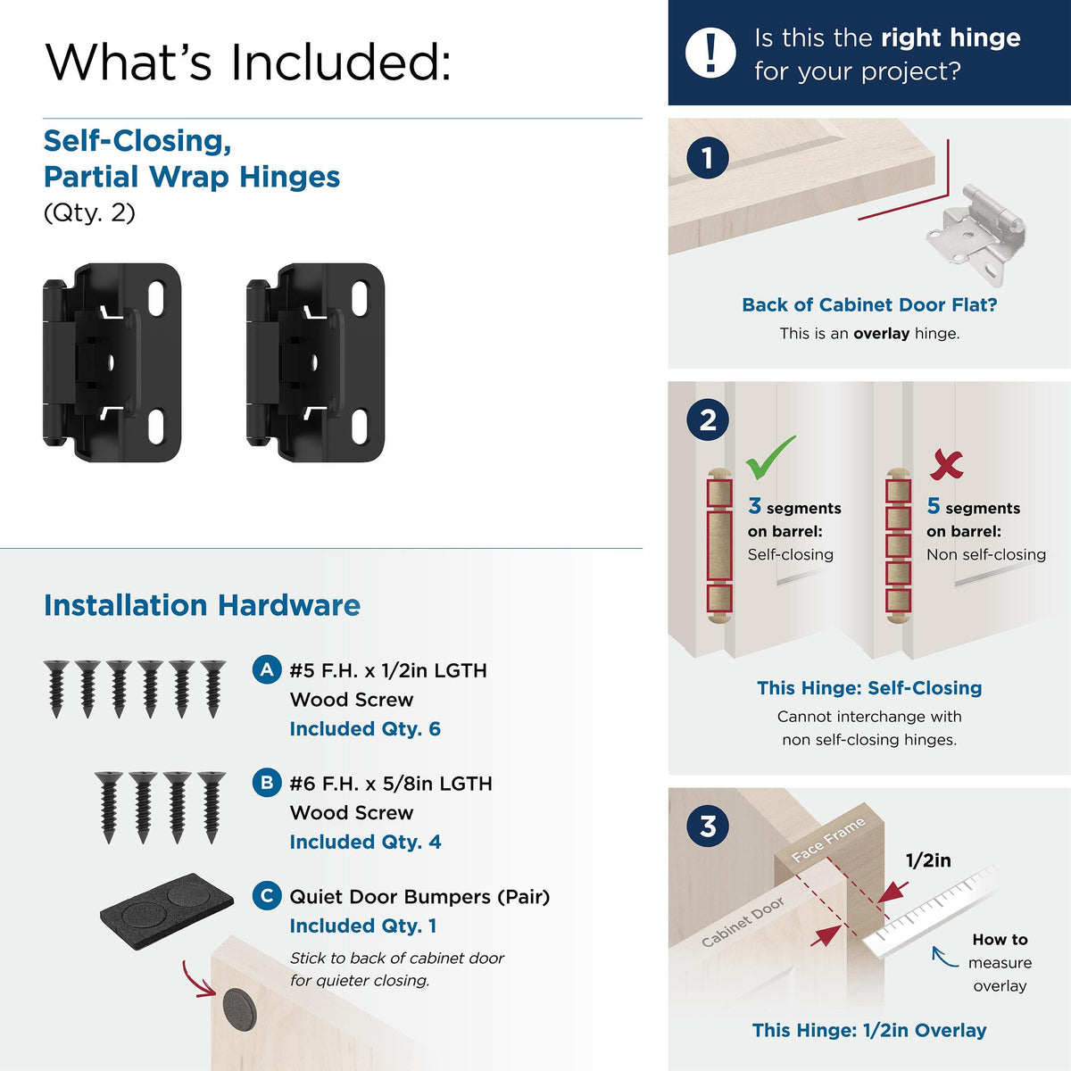 Amerock Cabinet Hinge 1/2 inch (13 mm) Overlay Hinge Matte Black 2 Pack Self-Closing Hinge Partial Wrap Hinge Cabinet Door Hinge